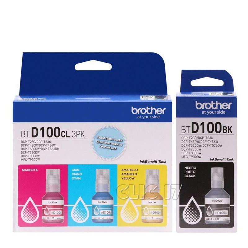BROTHER - Kit Tinta Brother BTD100BK Negro BTD100CL 3PK Cian Magenta Amarillo