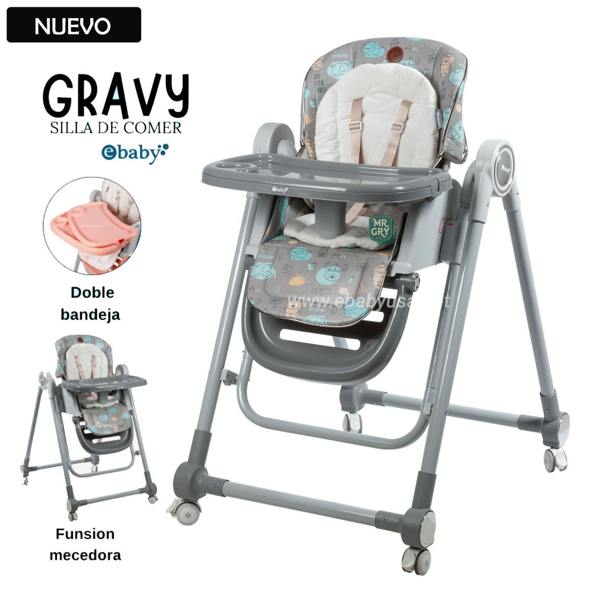 EBABY - Silla de Comer para Bebe Regulable GRAVY Gris