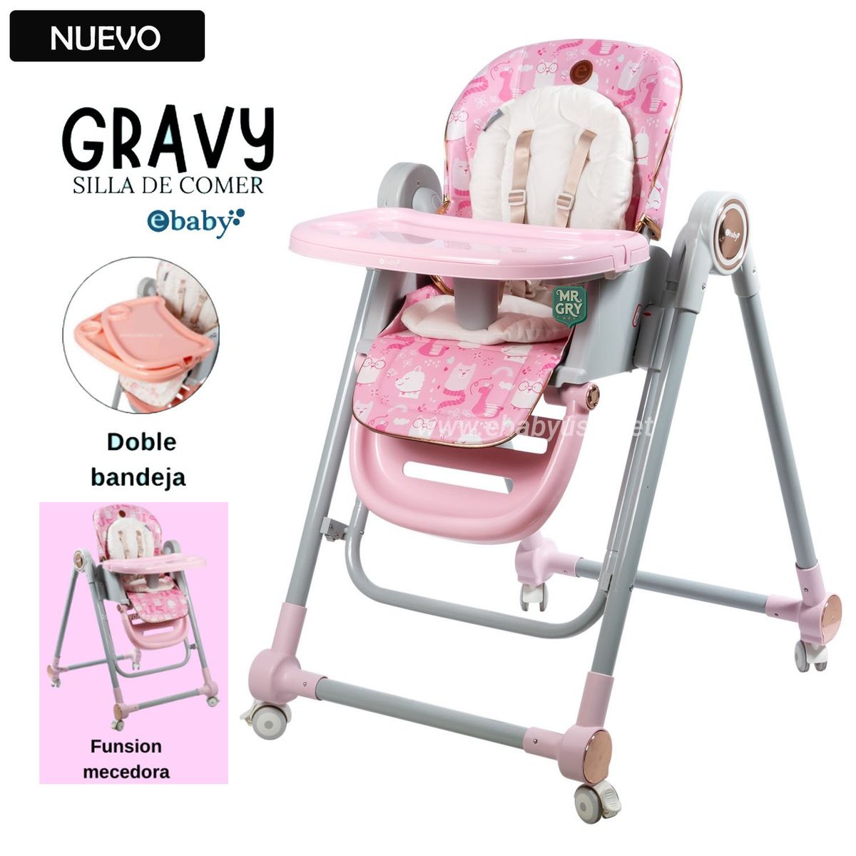 EBABY - Silla de Comer para Bebe Regulable GRAVY Fucsia