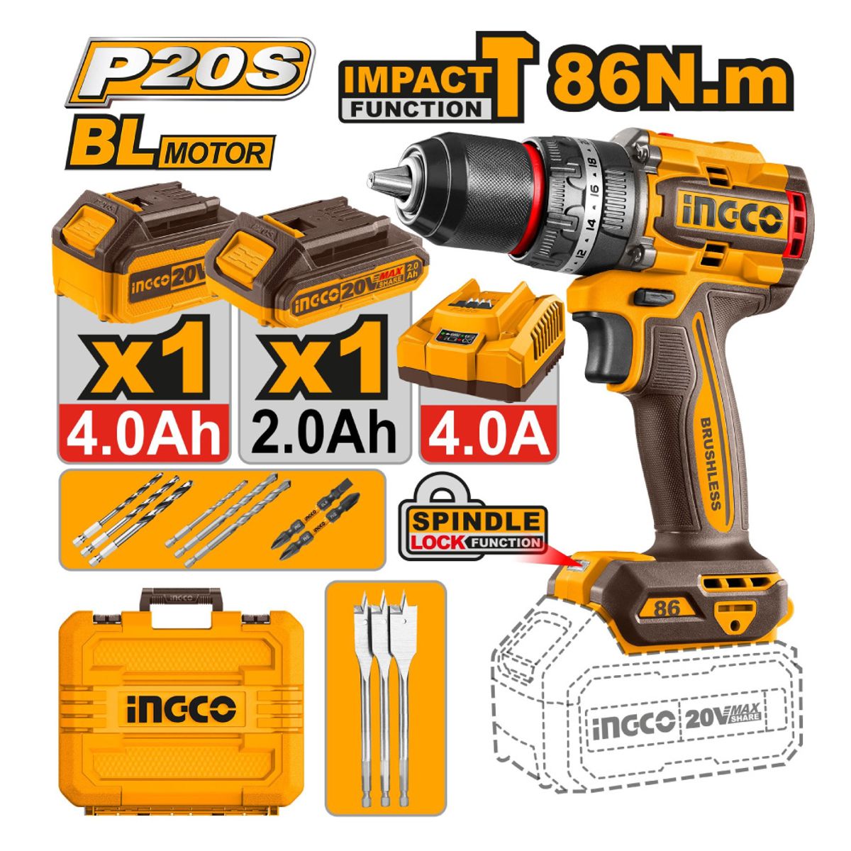INGCO TOOLS - PERCUTOR BRUSHLESS INGCO 20V 86NM + BATERÍAS + ACCESORIOS CIDLI20868