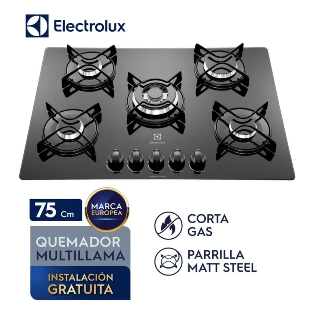 ELECTROLUX - Cocina Empotable a Gas 5 Quemadores Electrolux Triple Llama 75Cm (ETGZ30T0EPUB)