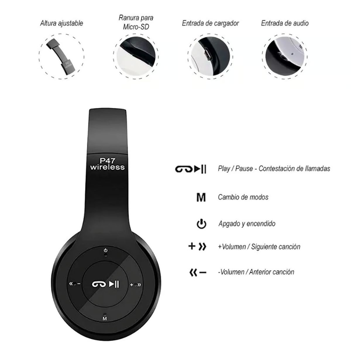 GENERICO - AUDIFONO BLUETOOTH VINCHA P47 NEGRO