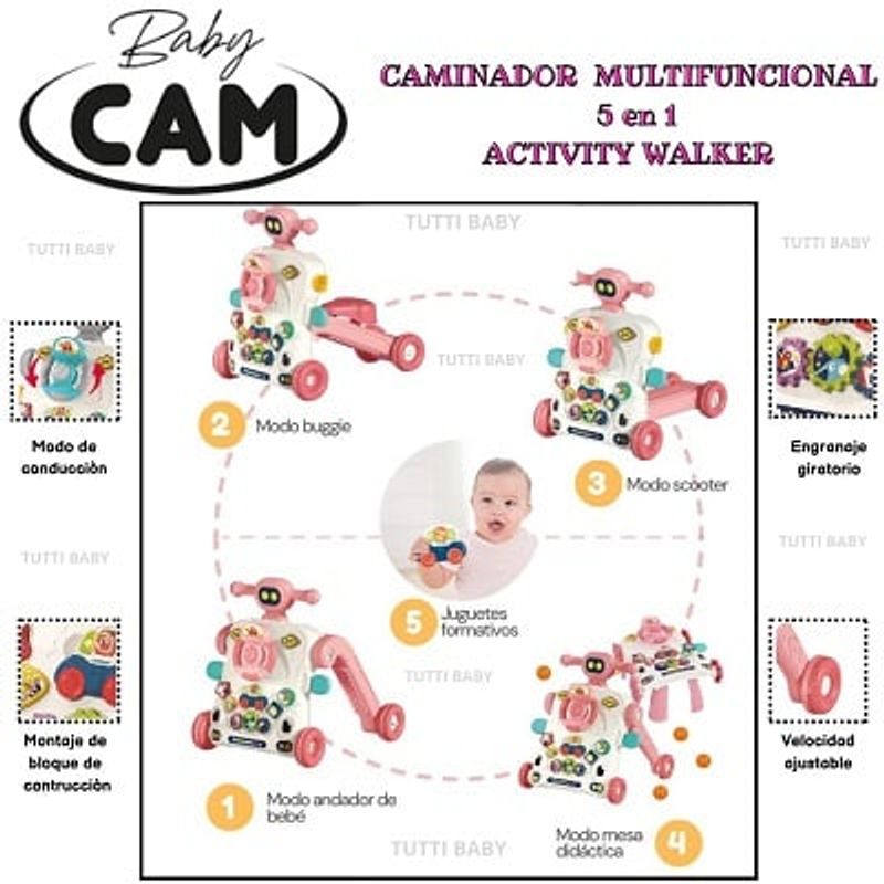 GENERICO - ANDADOR CAMINADOR MULTIFUNCIONAL 5 EN 1 - ROSADO
