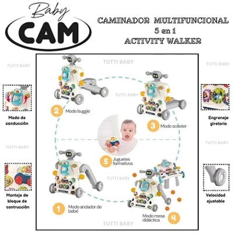 BABY CAM - ANDADOR CAMINADOR MULTIFUNCIONAL 5 EN 1 - GRIS