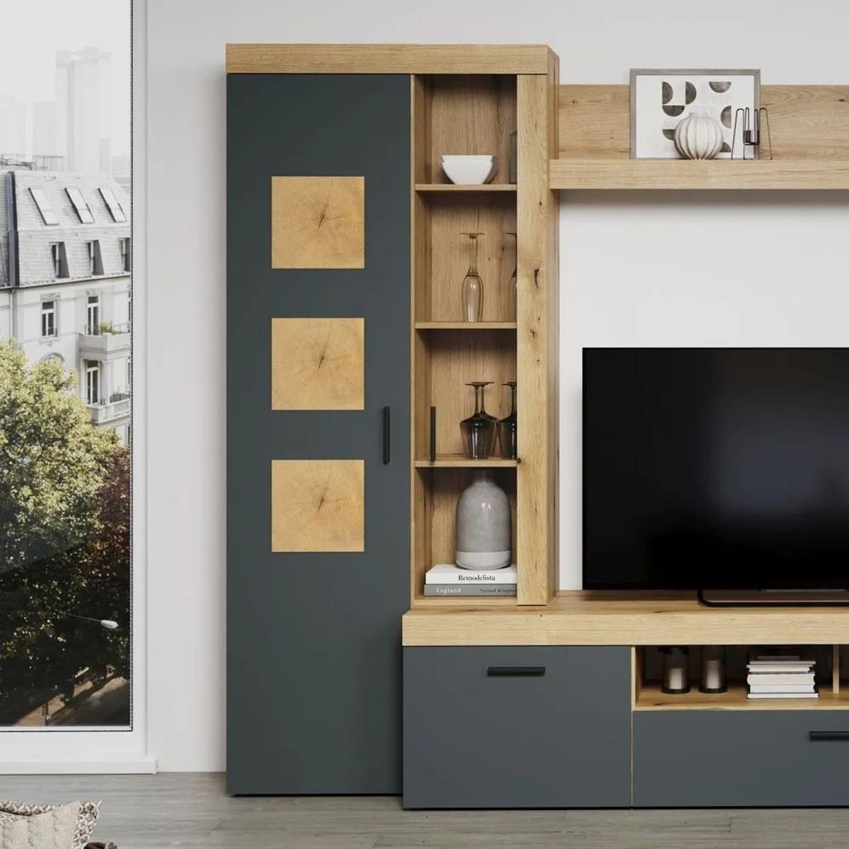 TU MESITA - Centro de Entretenimiento Moderno Tyler color GrisDuna TU MESITA