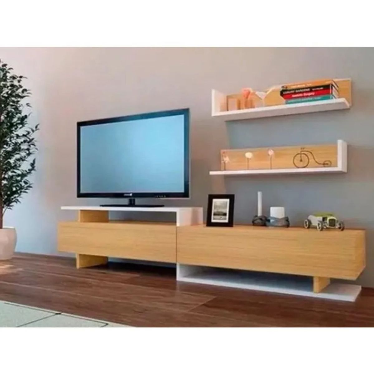 TU MESITA - Centro de Entretenimiento Premium Zeta Color Roble con 2 Repisas