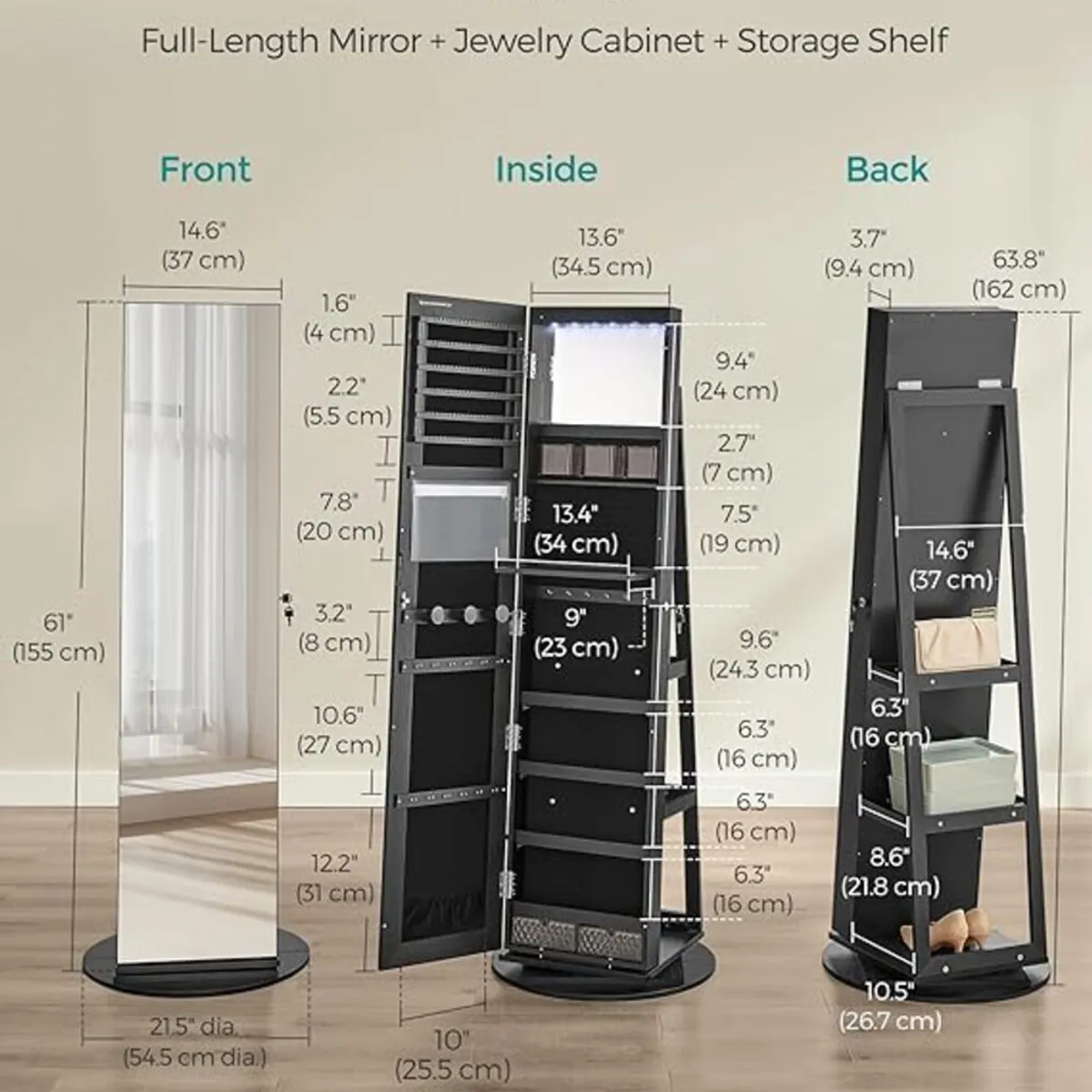 TU MESITA - ESPEJO GIRATORIO CON ORGANIZADOR DE JOYAS ROMINA NEGRO TU MESITA