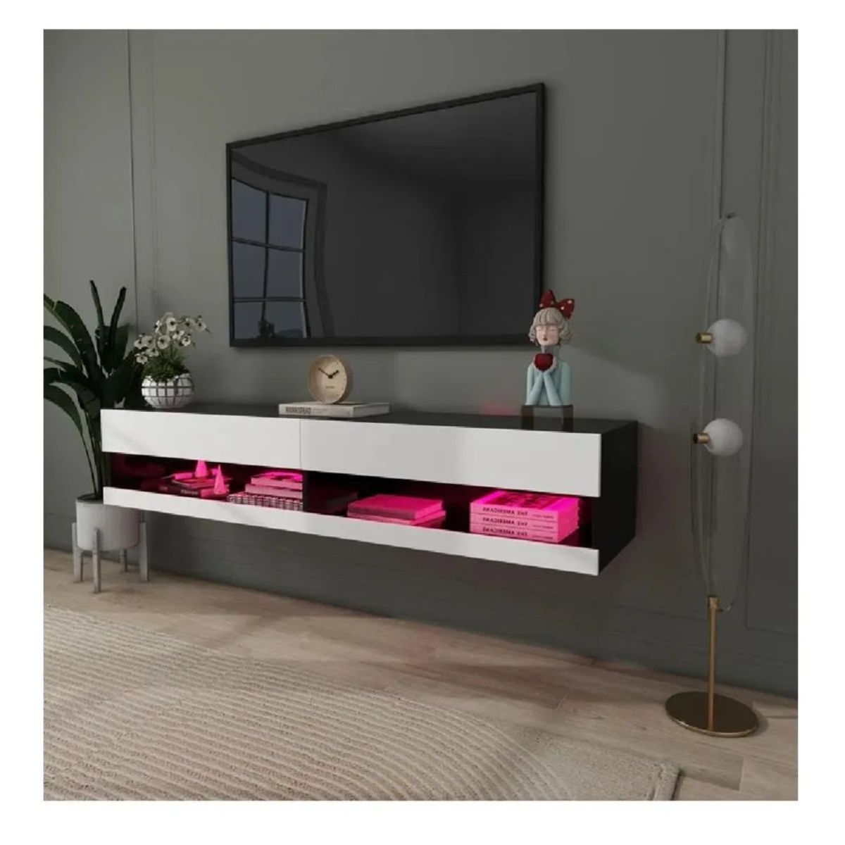 TU MESITA - Mesa de TV Flotante 77 TU MESITA Loria 2 puertas color BlancoNegro LED