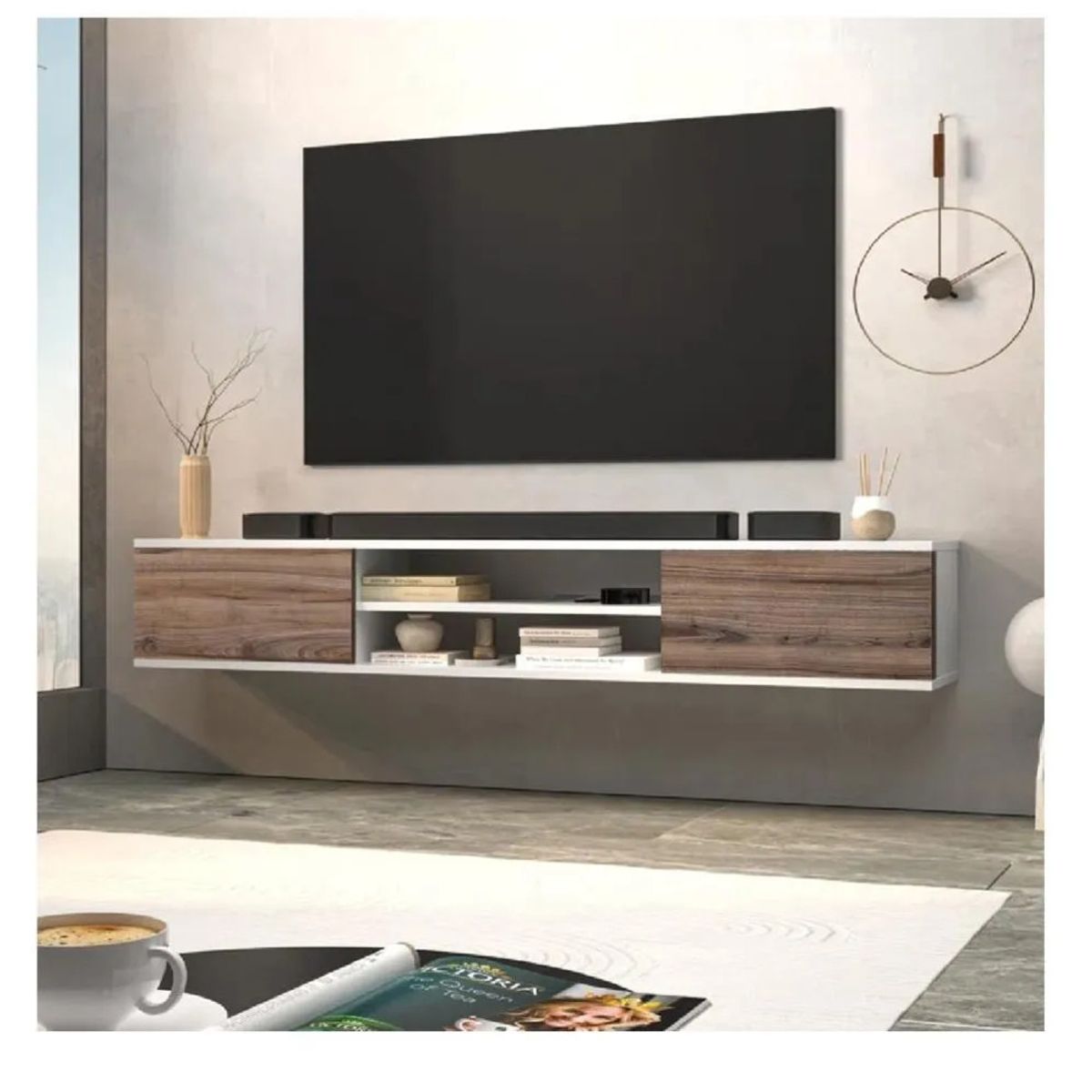 TU MESITA - Mesa de TV Flotante 80 Amauta TU MESITA 2 puertas BlancoMarrón