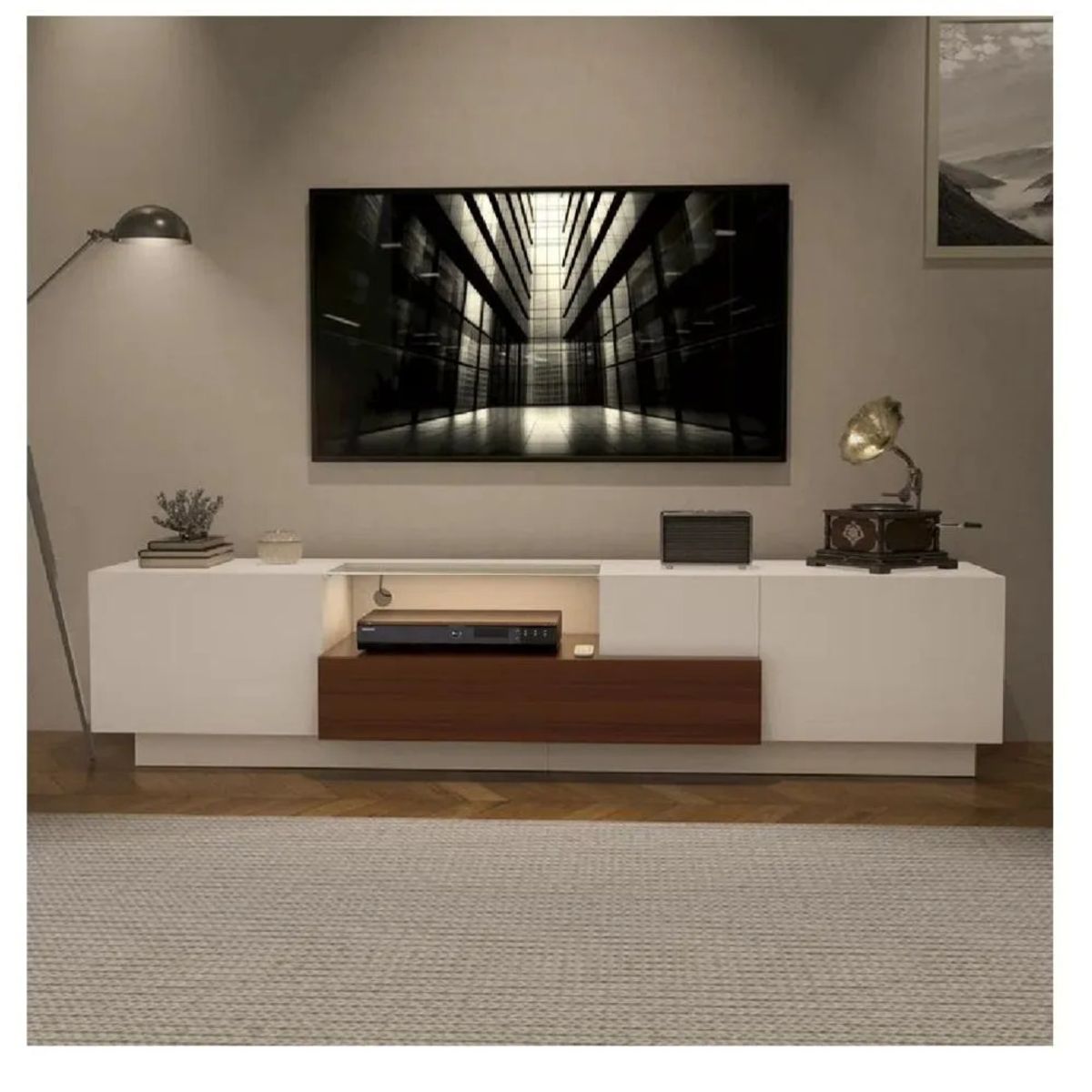 TU MESITA - Mesa de TV Moderna Máncora TU MESITA BlancoMarrón 2 puertas 2 cajones