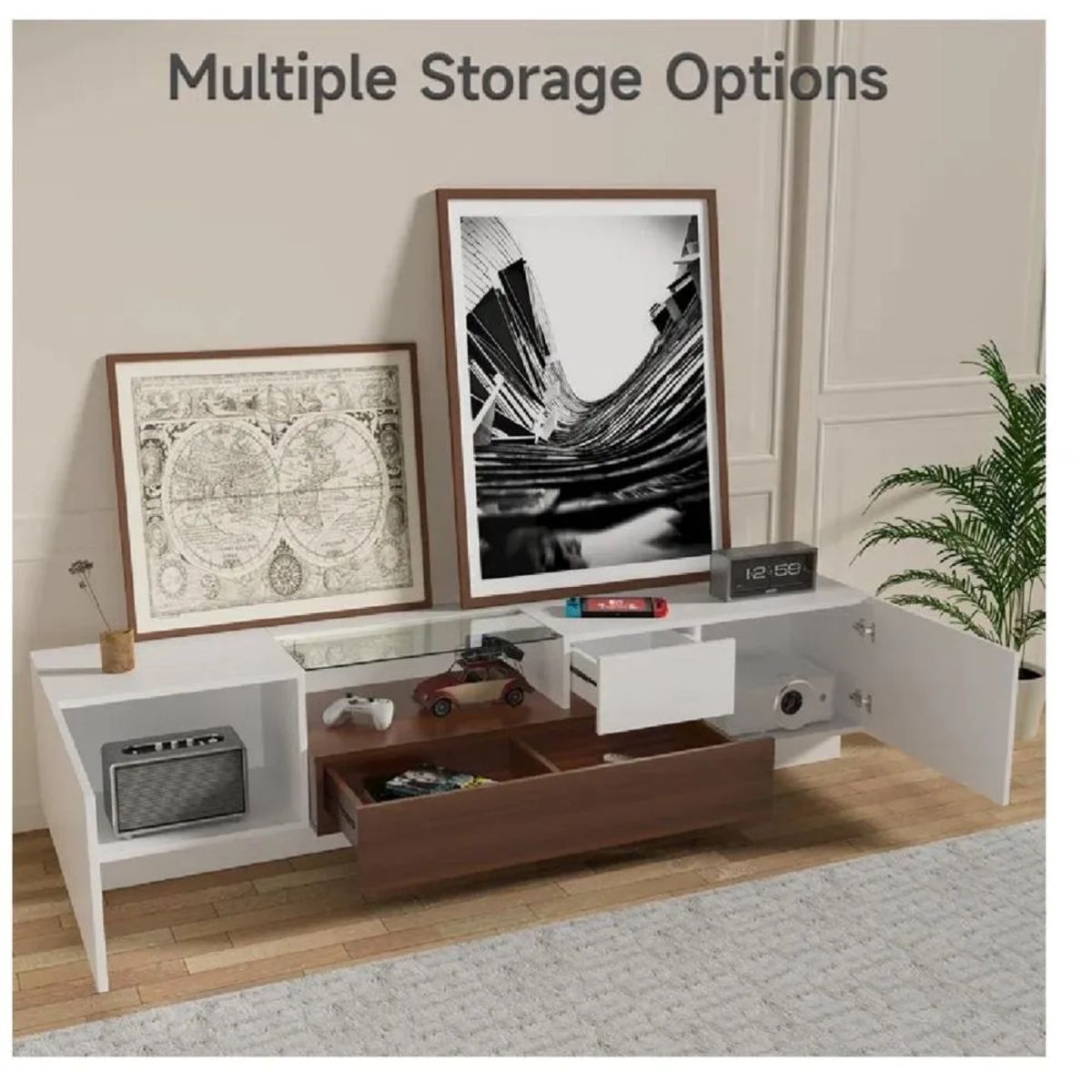 TU MESITA - Mesa de TV Moderna Máncora TU MESITA BlancoMarrón 2 puertas 2 cajones
