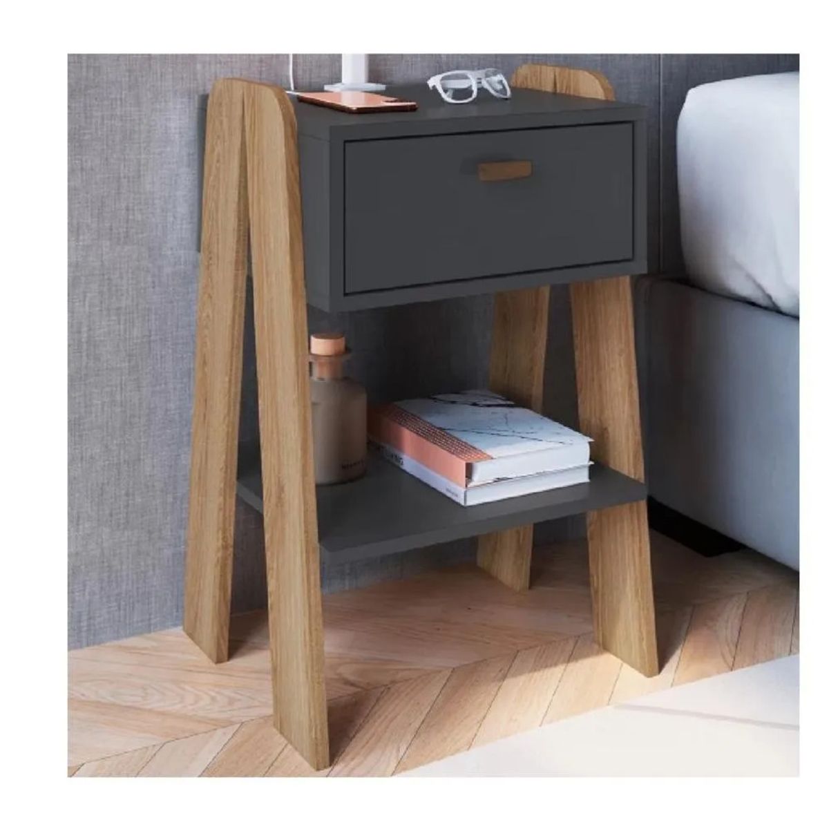 TU MESITA - Mesa de Noche Moderna TU MESITA Raquiem 1 cajón color NegroMarrón