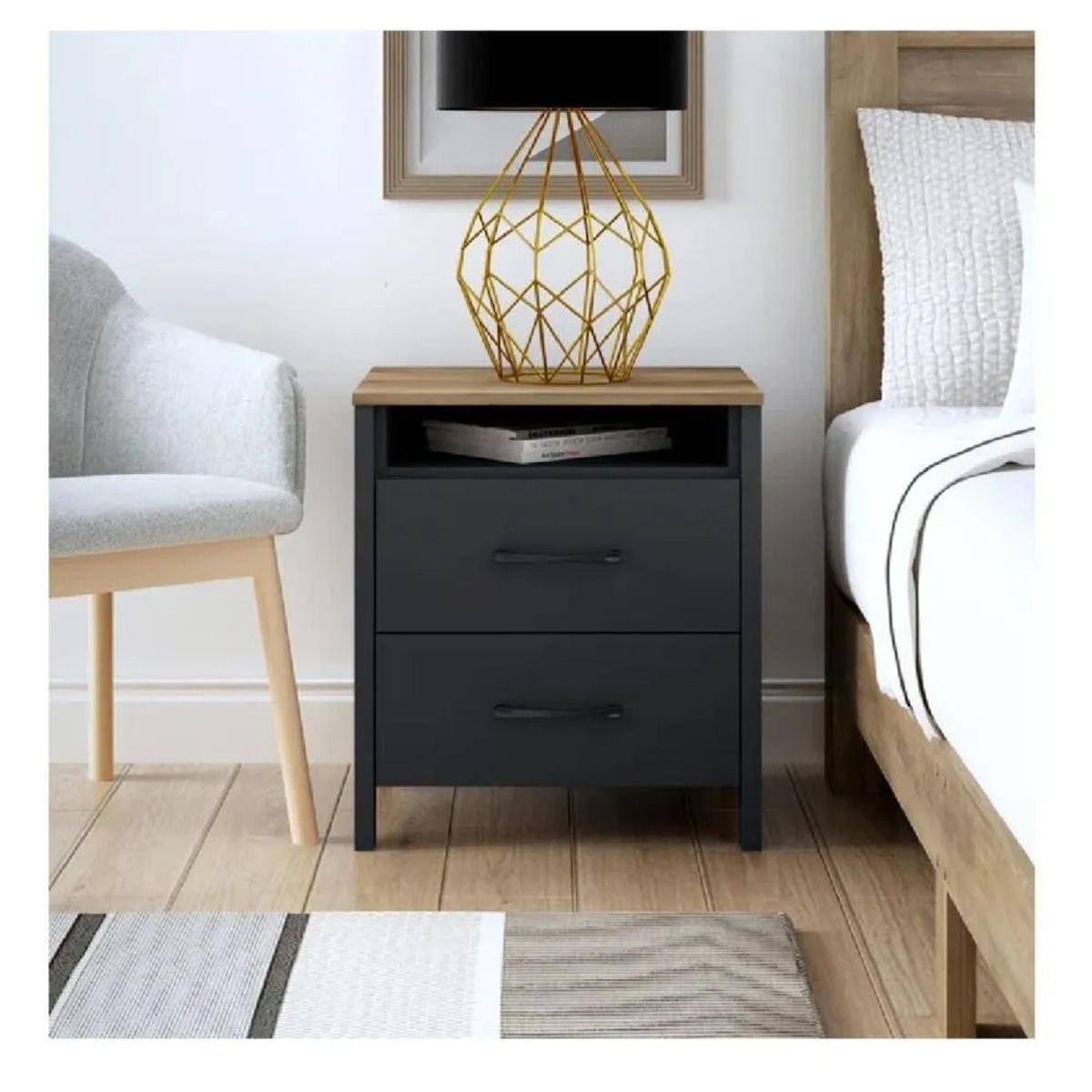 TU MESITA - Mesa de Noche Velador Amber TU MESITA color Negro Roble 2 cajones