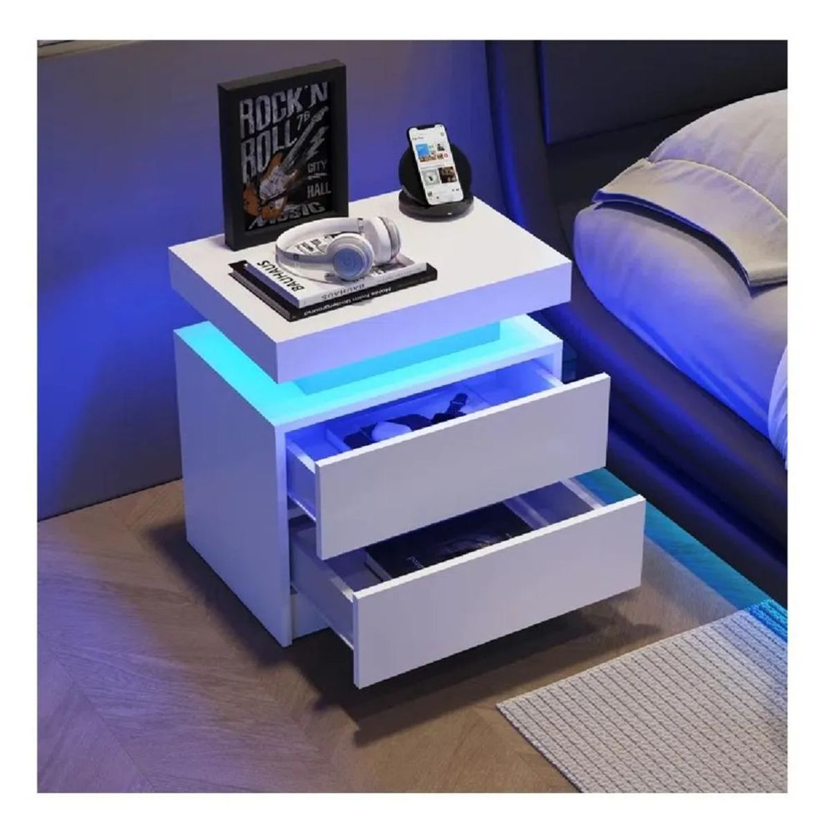 TU MESITA - Velador Mesa de Noche Yadira TU MESITA Melamina 18mm Luz LED Blanco