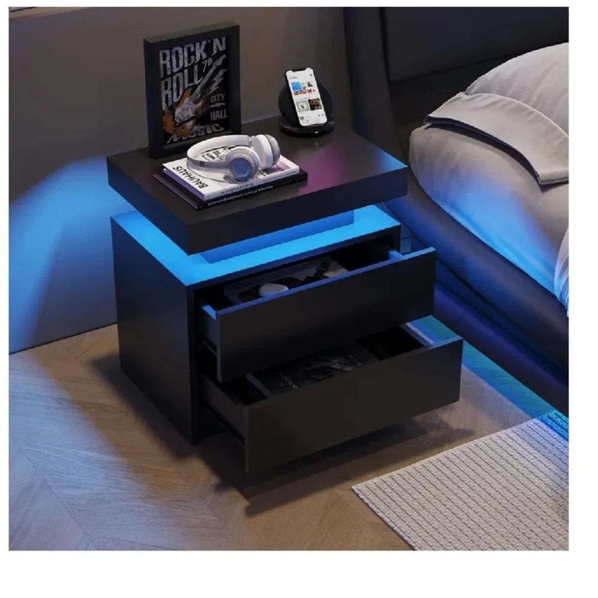TU MESITA - Velador Mesa de Noche Yadira TU MESITA Melamina 18mm Luz LED Negro