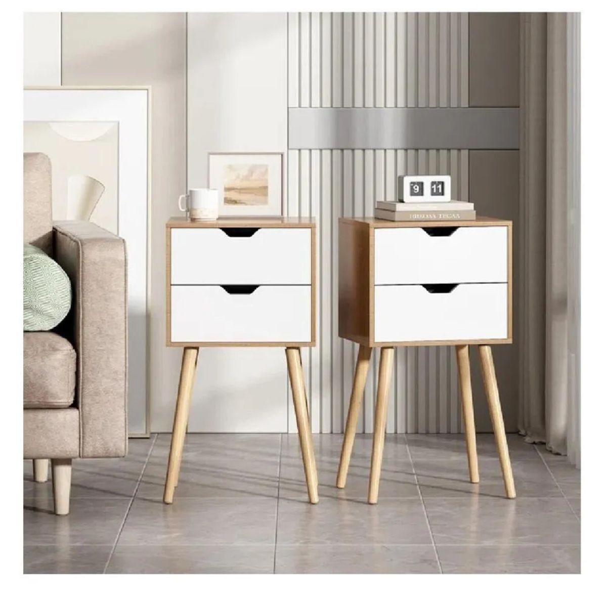 TU MESITA - Velador Vintage TU MESITA Miriam Melamina 18mm 2 cajones Color RobleBlanco