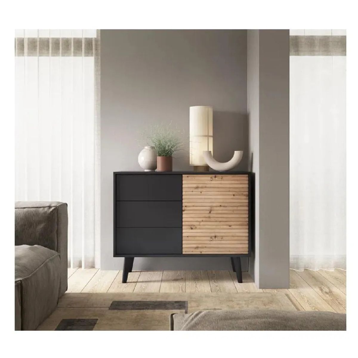 TU MESITA - Aparador Contemporáneo TU MESITA Casper color NegroMarrón 3 cajones 1 puerta