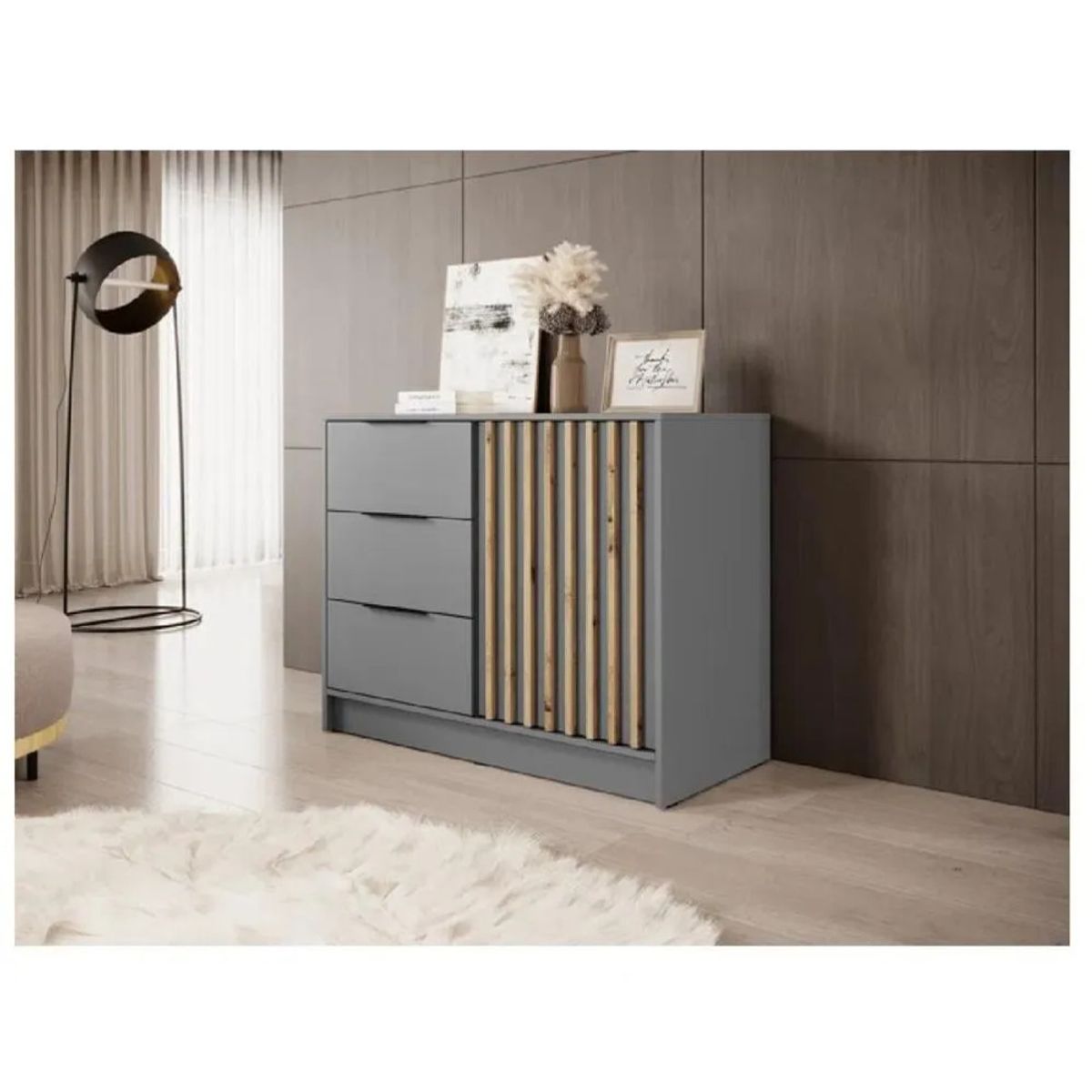 TU MESITA - Aparador Corto TU MESITA Fabián Gris ClaroRoble 3 cajones 1 puerta