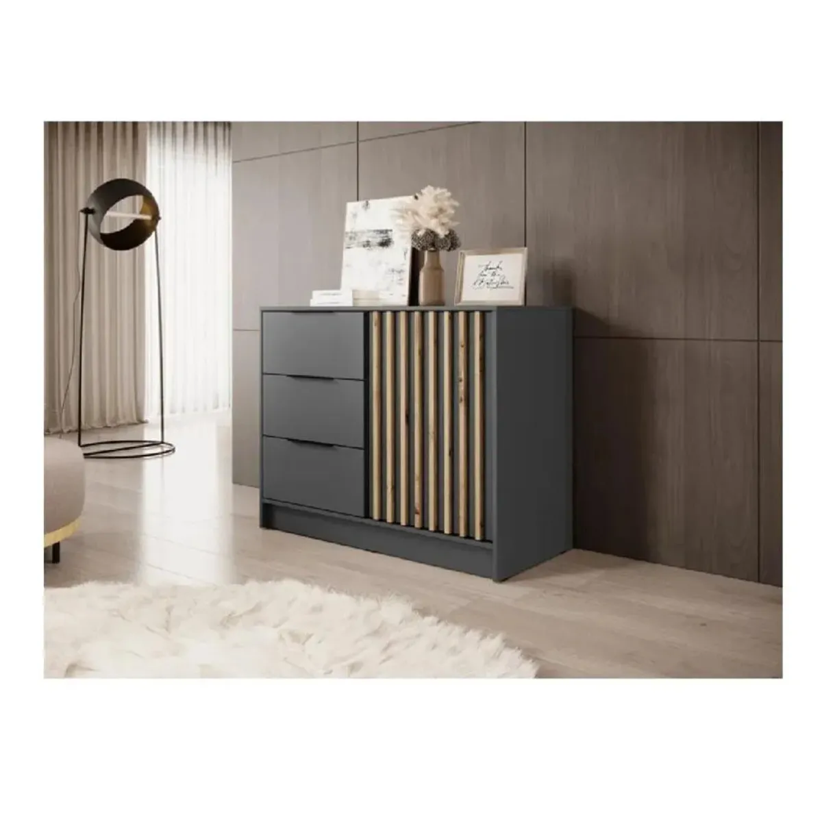 TU MESITA - Aparador Corto TU MESITA Fabián Gris OscuroRoble 3 cajones 1 puerta