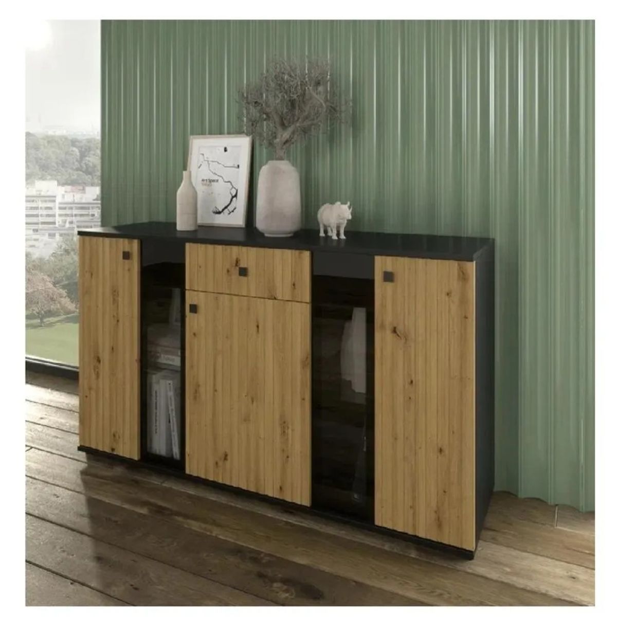 TU MESITA - Aparador Moderno TU MESITA Morgan color NegroMarrón 3 puertas 1 cajón