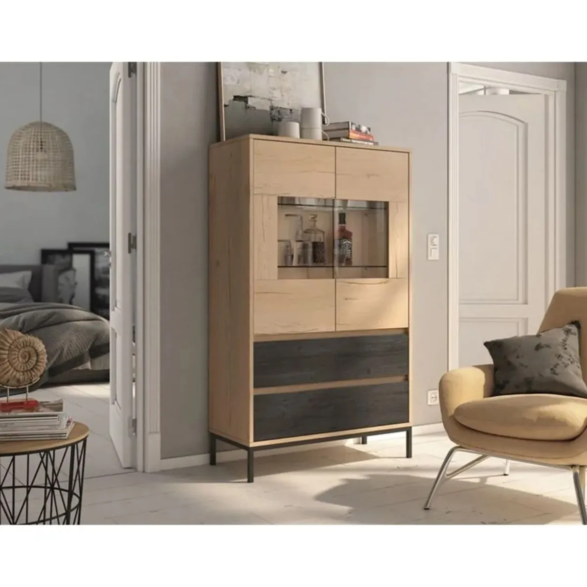 TU MESITA - Vitrina 2 puertas Lucio color DunaNegro 2 cajones TU MESITA