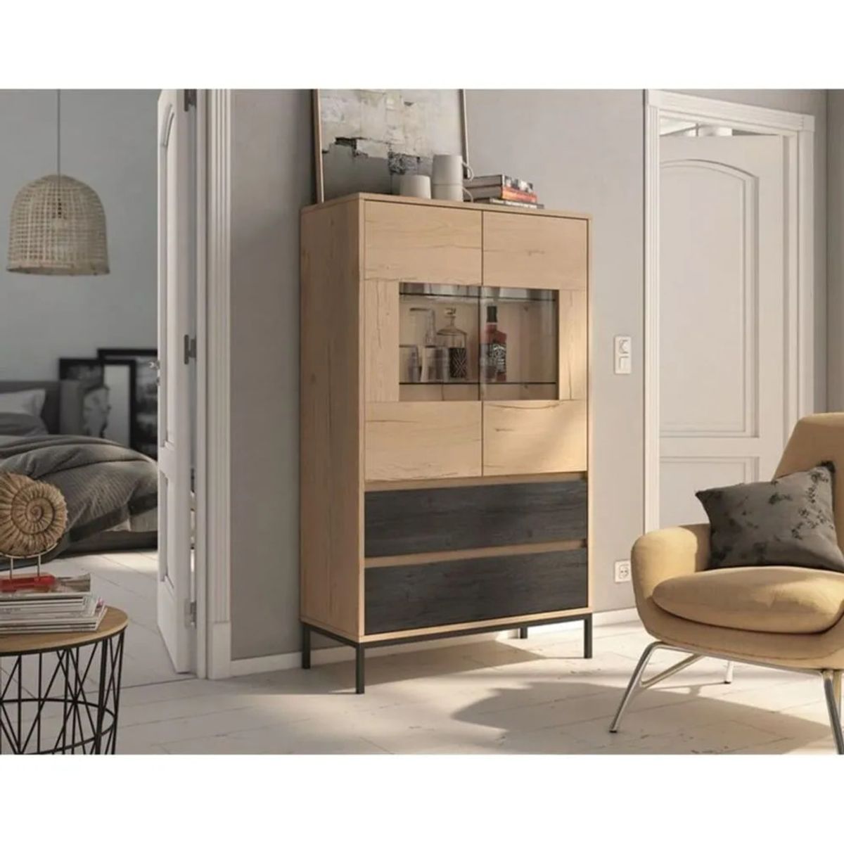 TU MESITA - Vitrina 2 puertas Lucio color DunaNegro 2 cajones TU MESITA