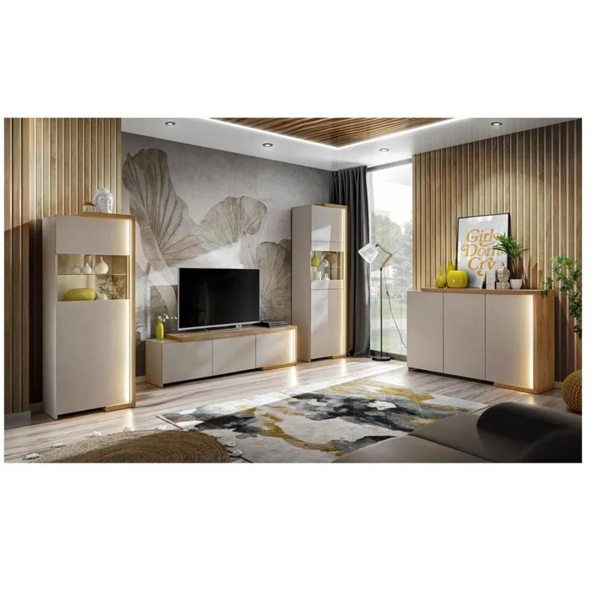 TU MESITA - Vitrina Alta Moderna TU MESITA Faby color BlancoDuna 3 puertas