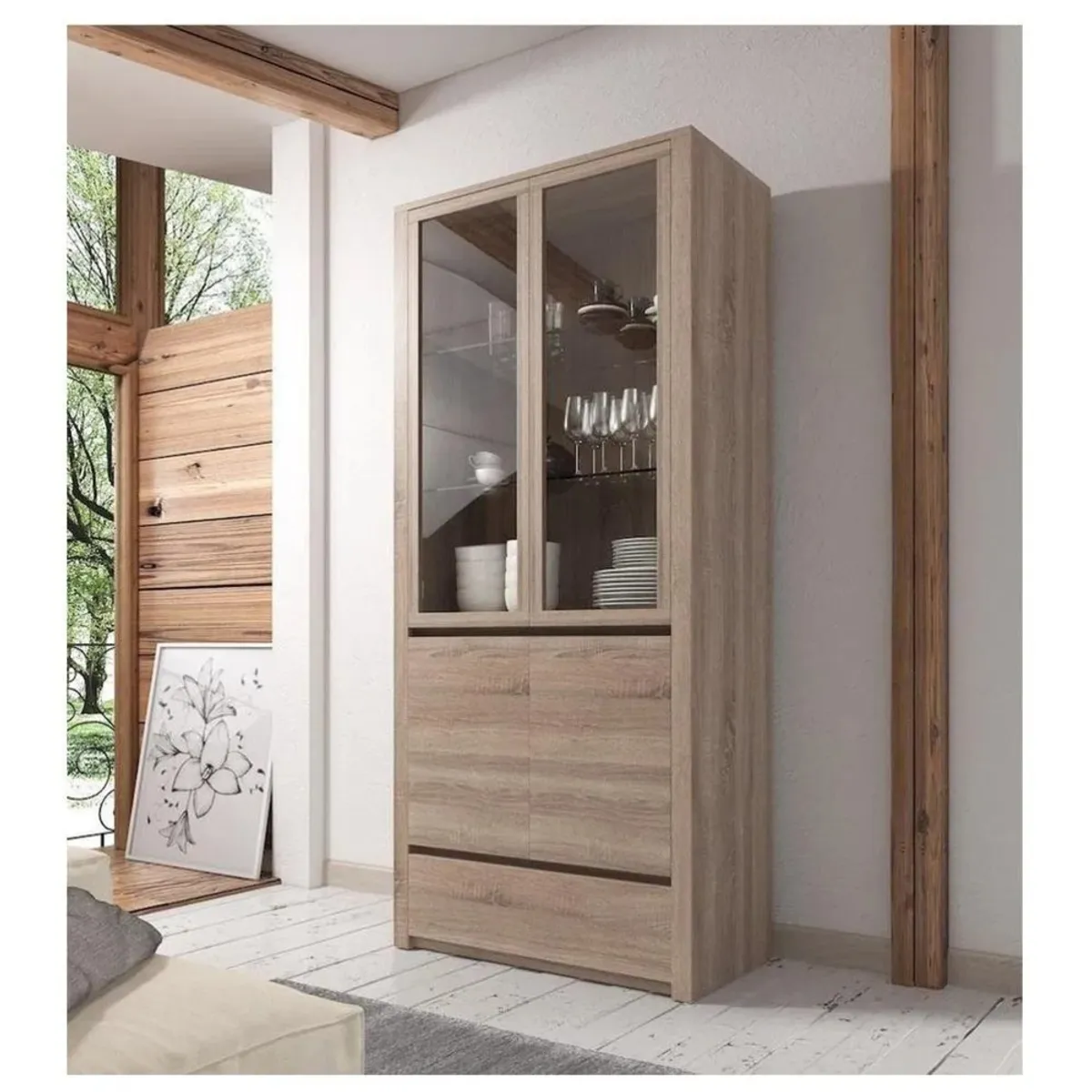 TU MESITA - Vitrina Alta TU MESITA Miramar color Duna 4 puertas 1 cajón