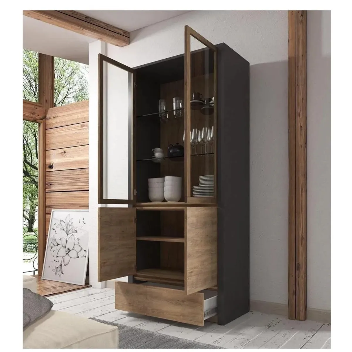 TU MESITA - Vitrina Alta TU MESITA Miramar color NegroMarrón 4 puertas 1 cajón