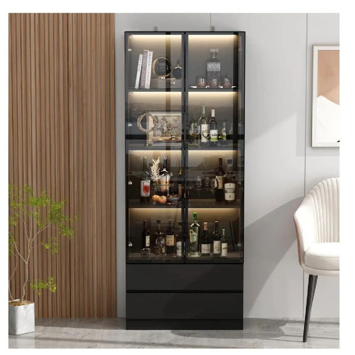 TU MESITA - Vitrina Clásica TU MESITA Giorgia Negro 2 puertas 2 cajones luz LED