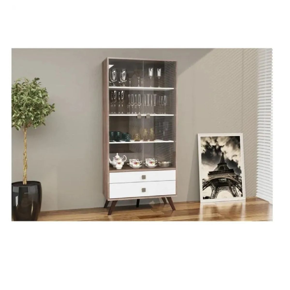 TU MESITA - Vitrina Clásica TU MESITA Moldava BlancoMarrón 2 puertas 2 cajones