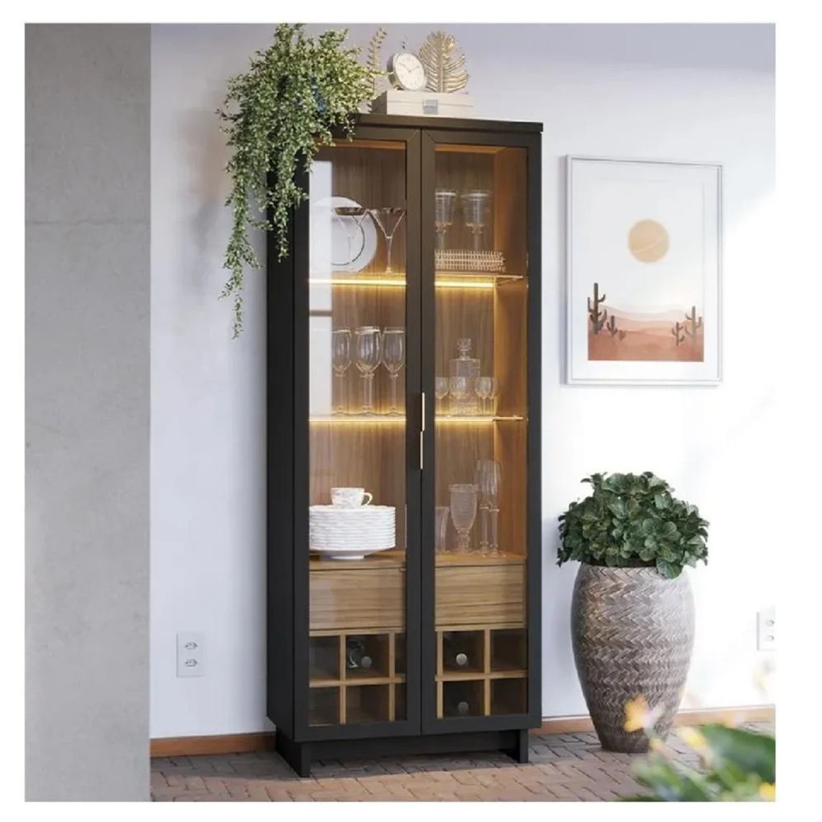 TU MESITA - Vitrina Moderna TU MESITA Flamingo NegroMarrón 2 puertas 1 cajón LED