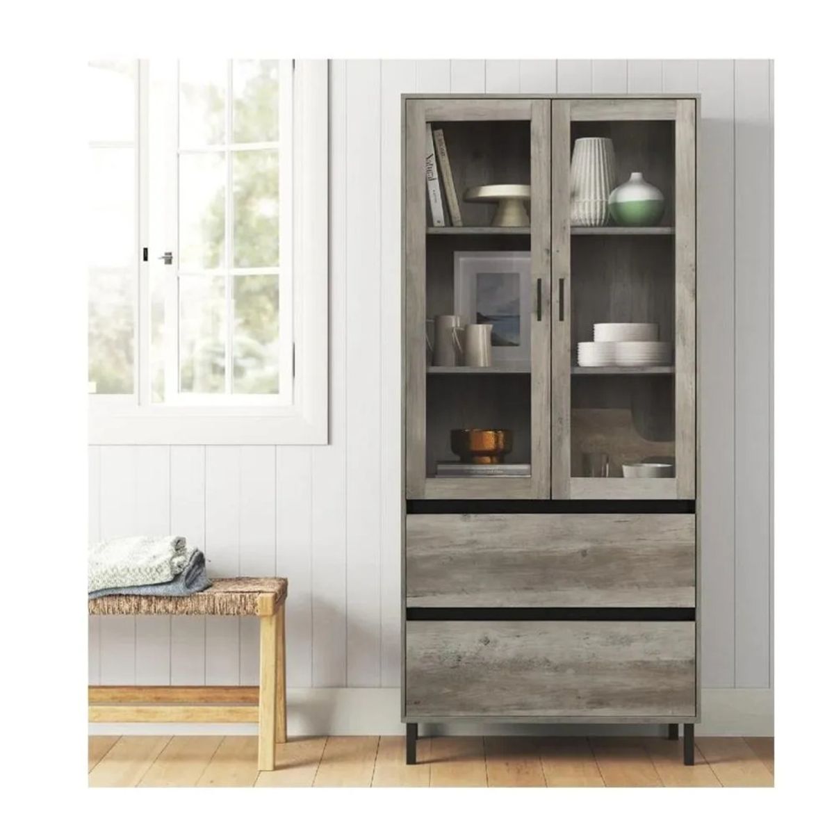 TU MESITA - Vitrina Rústica TU MESITA Paris color Gris oscuro 2 puerta 2 cajones