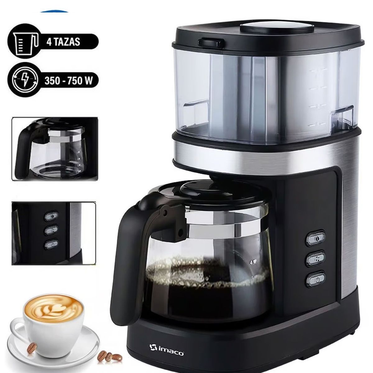 IMACO - Cafetera Moledora de Café para 4 Tazas 750 Wats ICMG4070
