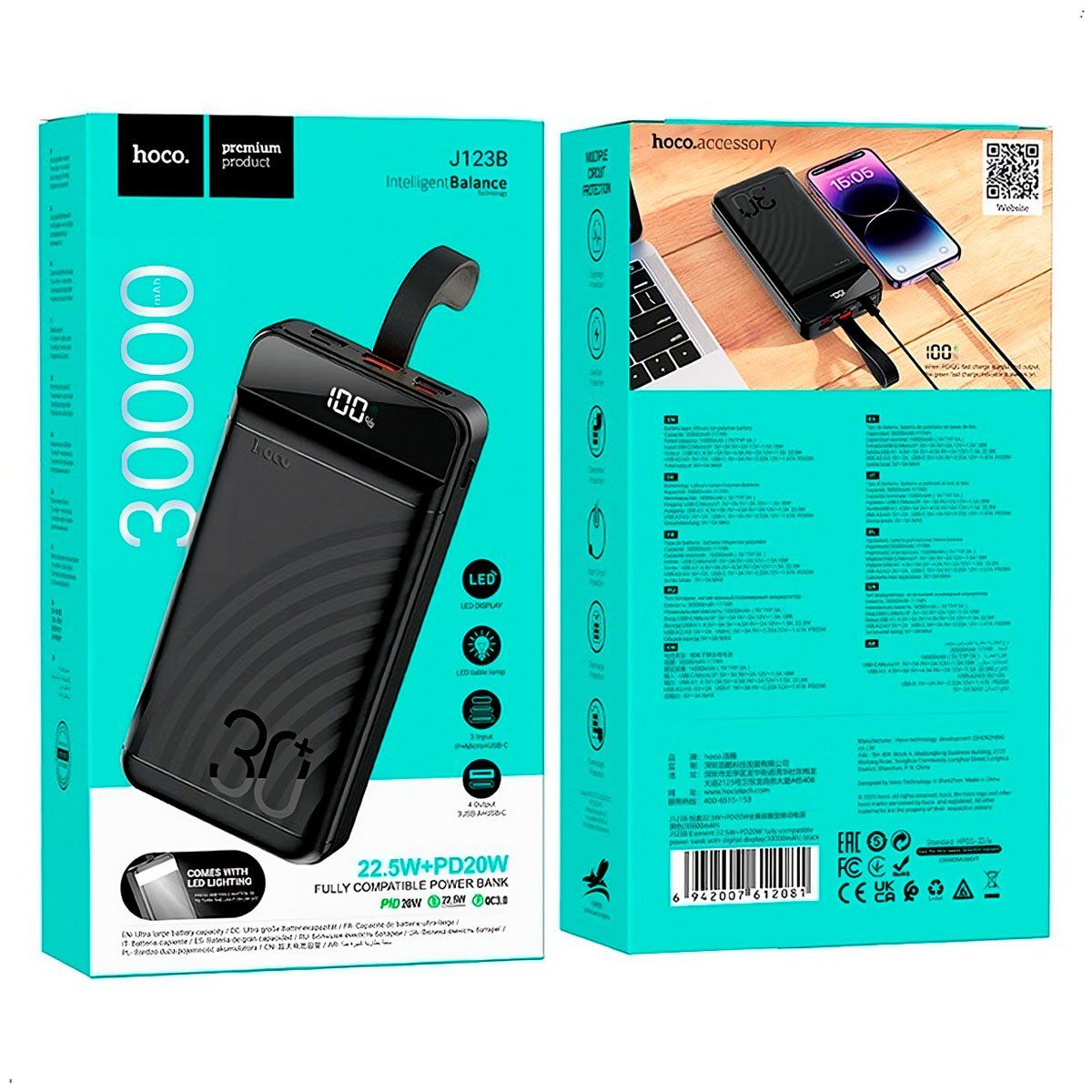 HOCO - Cargador Power Bank Hoco J123b 30000mah Carga Rápida pantalla