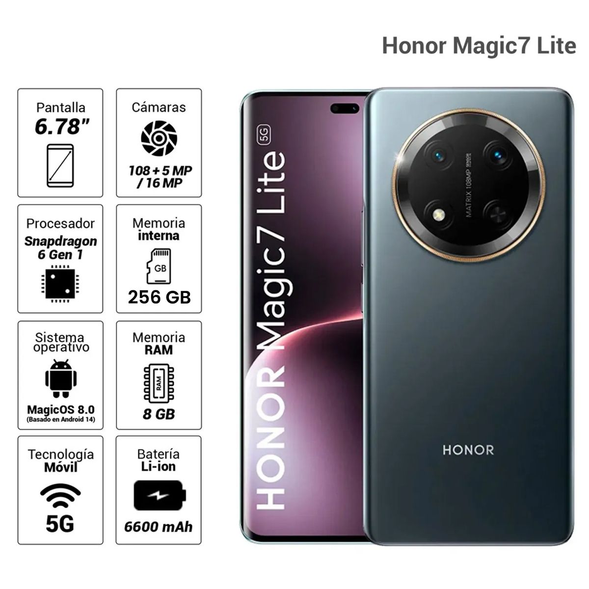 HONOR - Celular Honor Magic7 Lite 5G 256GB 8GB RAM cámara 108MP + 5MP frontal 16MP 67 Pulg negro titanio