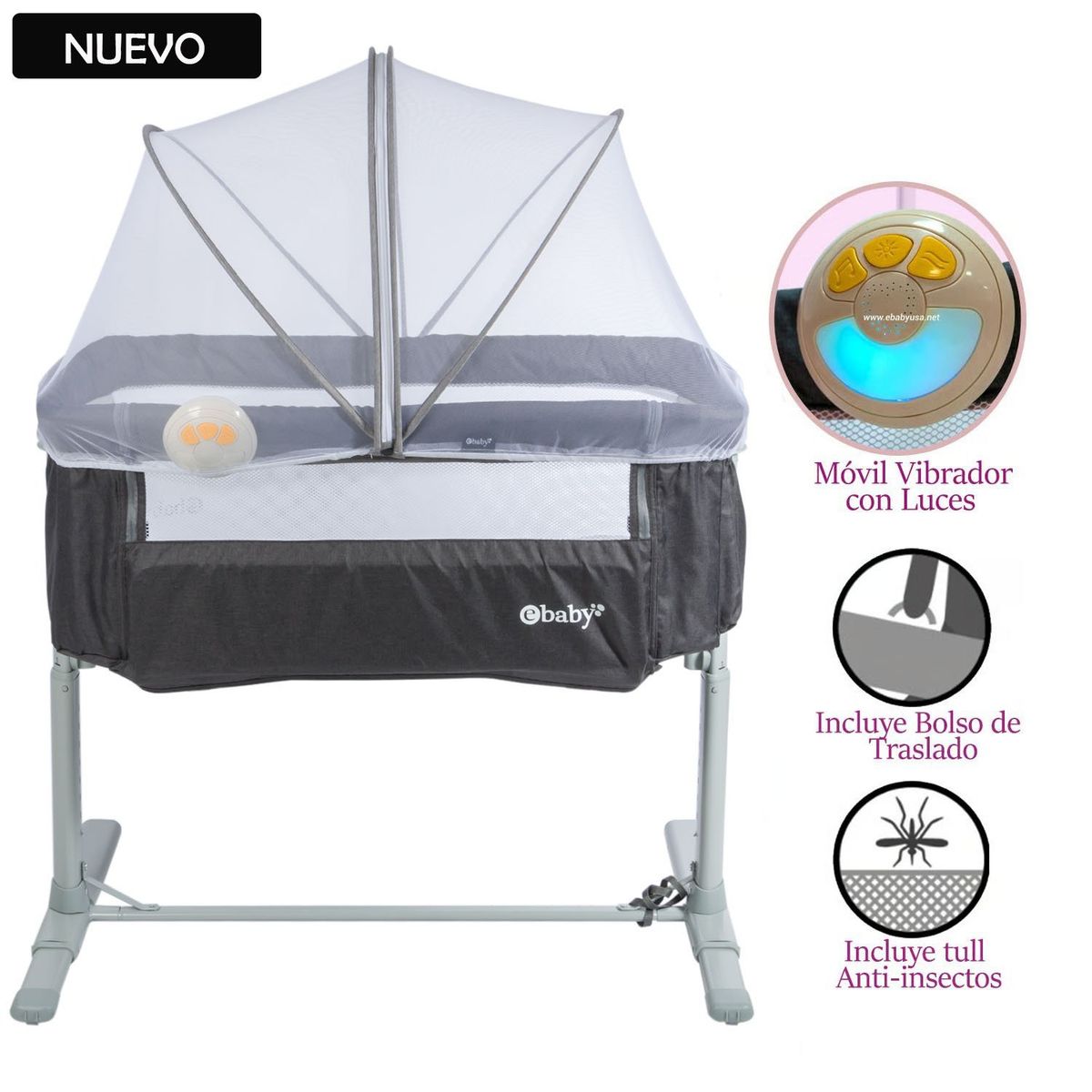 EBABY - Cuna Colecho Ebaby Musical y Vibrador TAMI Plomo