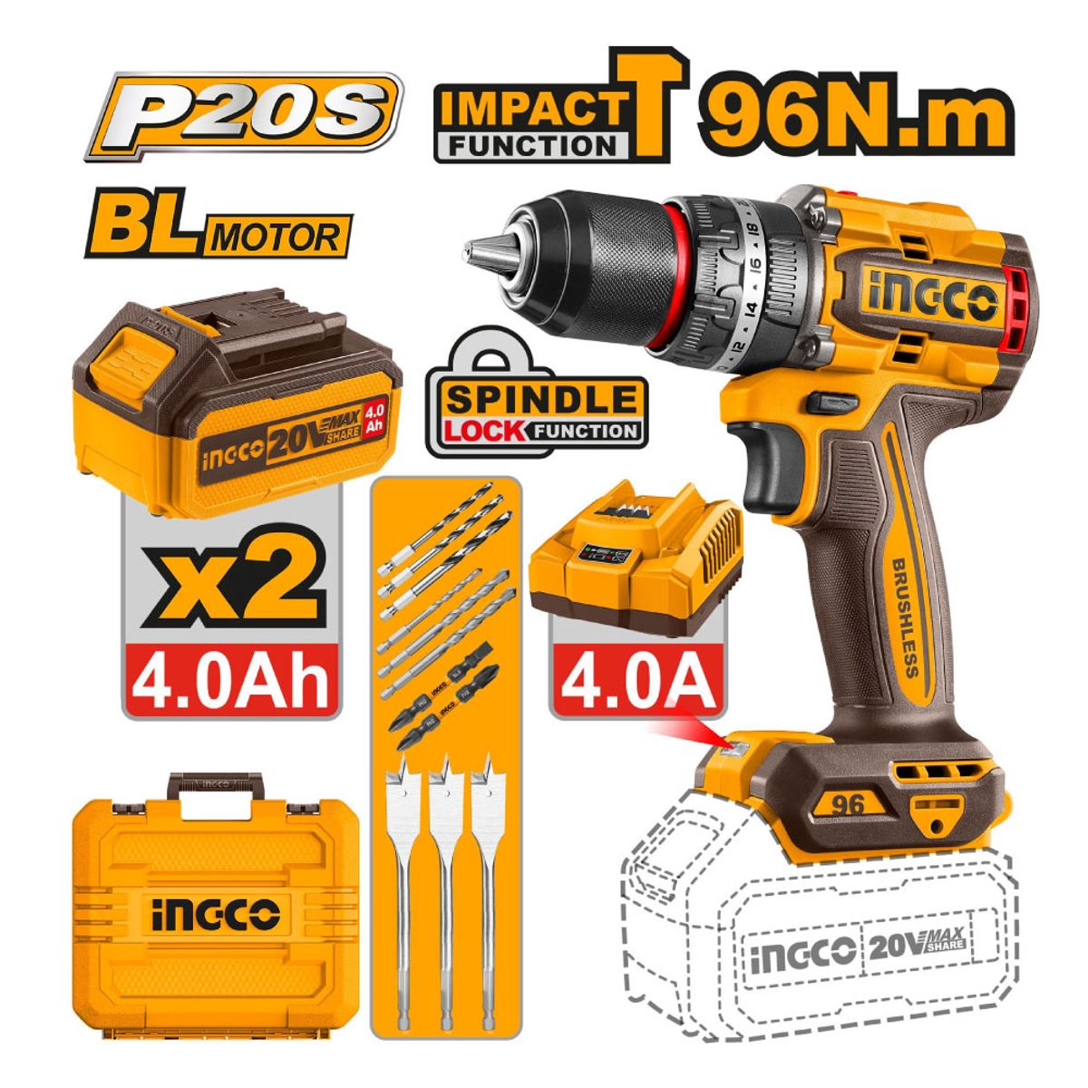 INGCO TOOLS - PERCUTOR BRUSHLESS INGCO 20V 96NM + BATERÍAS + ACCESORIOS CIDLI20968