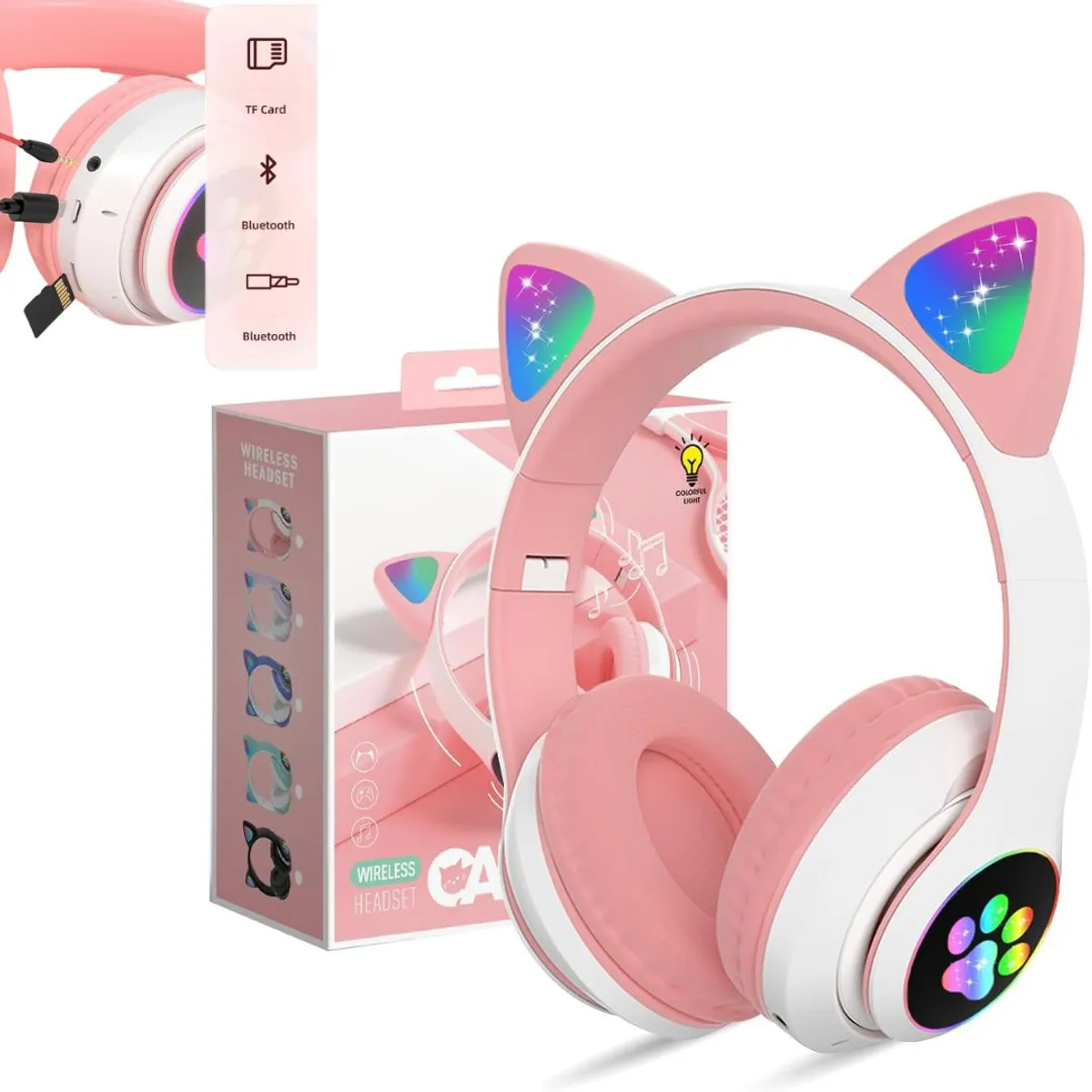 GENERICO - Audífonos Inalámbricos Diadema con Orejas de Gato LED - Rosado