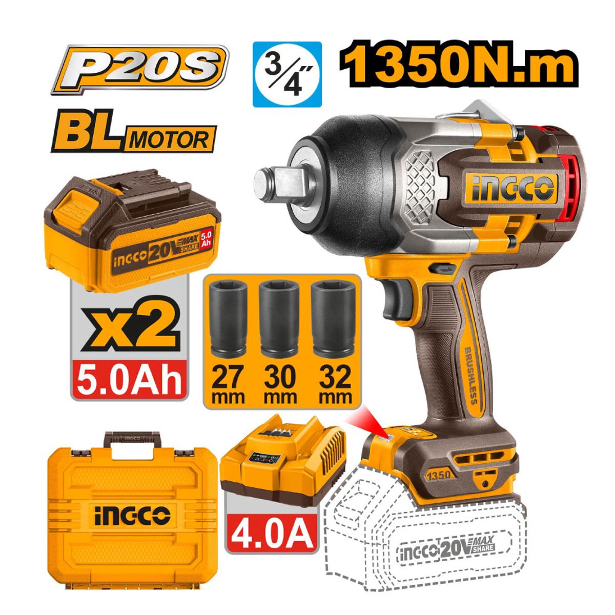 INGCO TOOLS - LLAVE IMPACTO BRUSHLESS INGCO 20V 1350NM 3/4 BATERÍAS 5 AH CIWLI20135