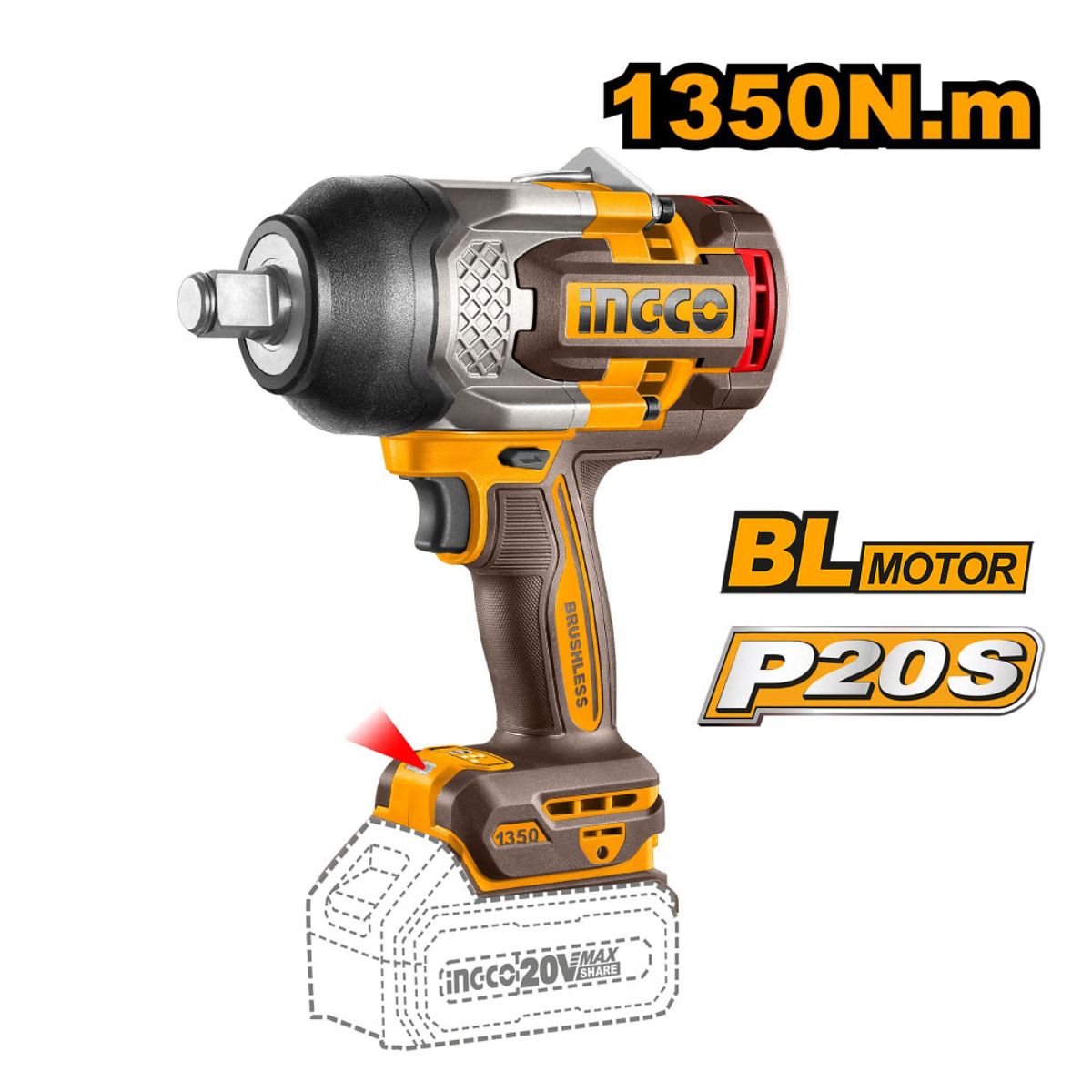 INGCO TOOLS - LLAVE IMPACTO BRUSHLESS INGCO 20V 1350NM 3/4 BATERÍAS 5 AH CIWLI20135