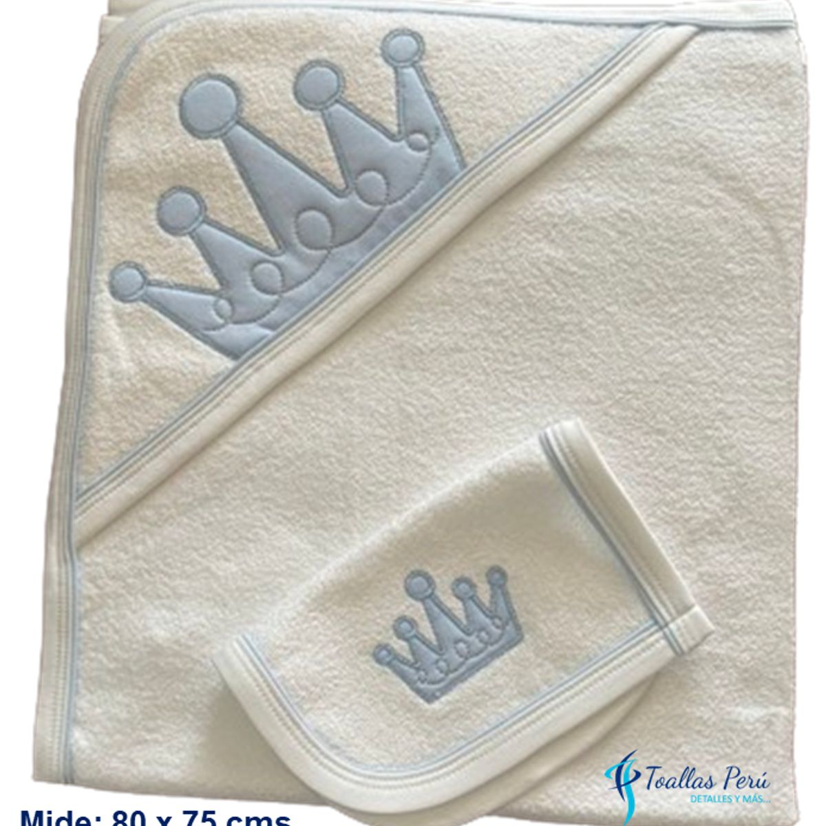 TOALLAS PERU DETALLES Y MAS - Toalla con Capucha Blanco-Celeste -Coronita- Felpa La Bellota