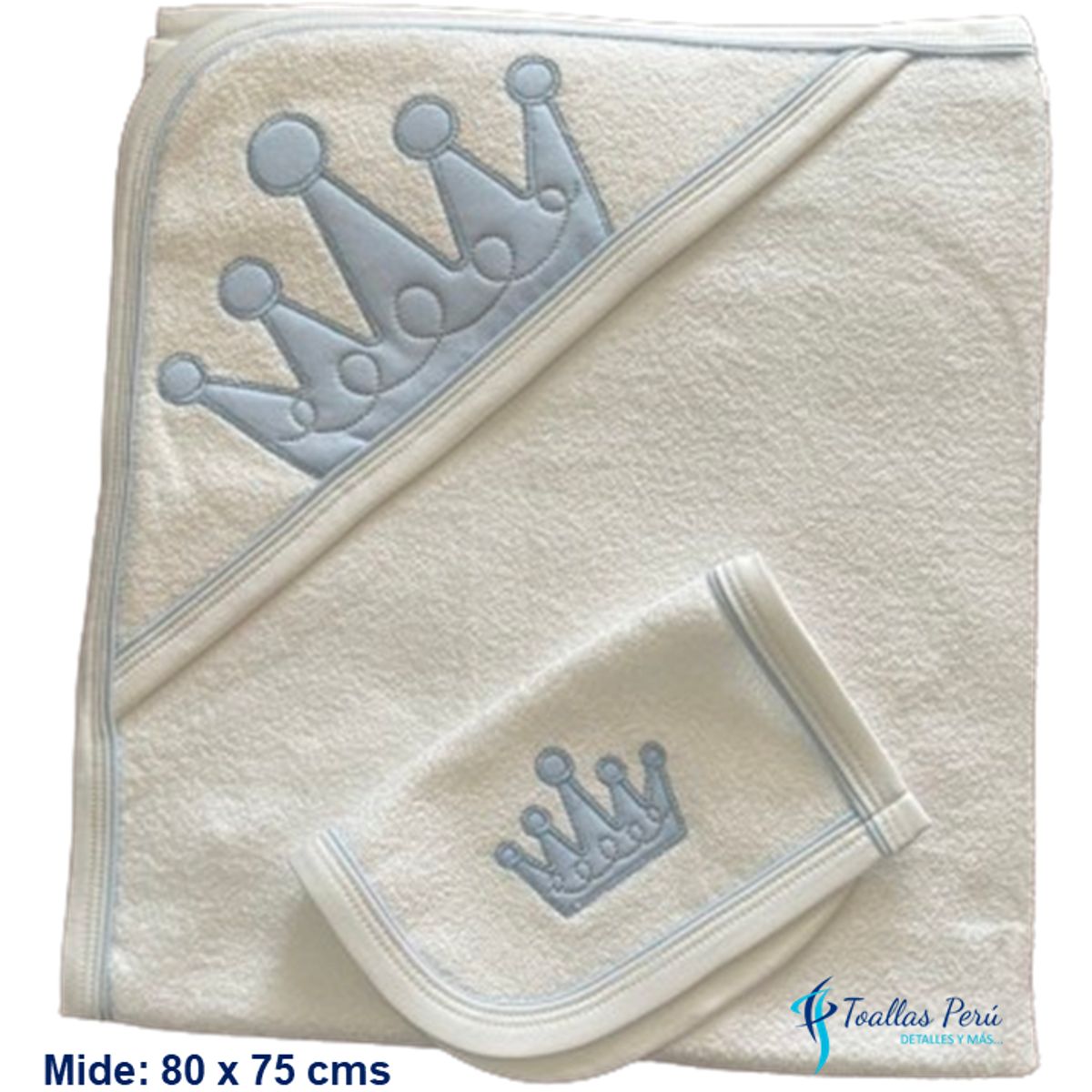 TOALLAS PERU DETALLES Y MAS - Toalla con Capucha Blanco-Celeste -Coronita- Felpa La Bellota