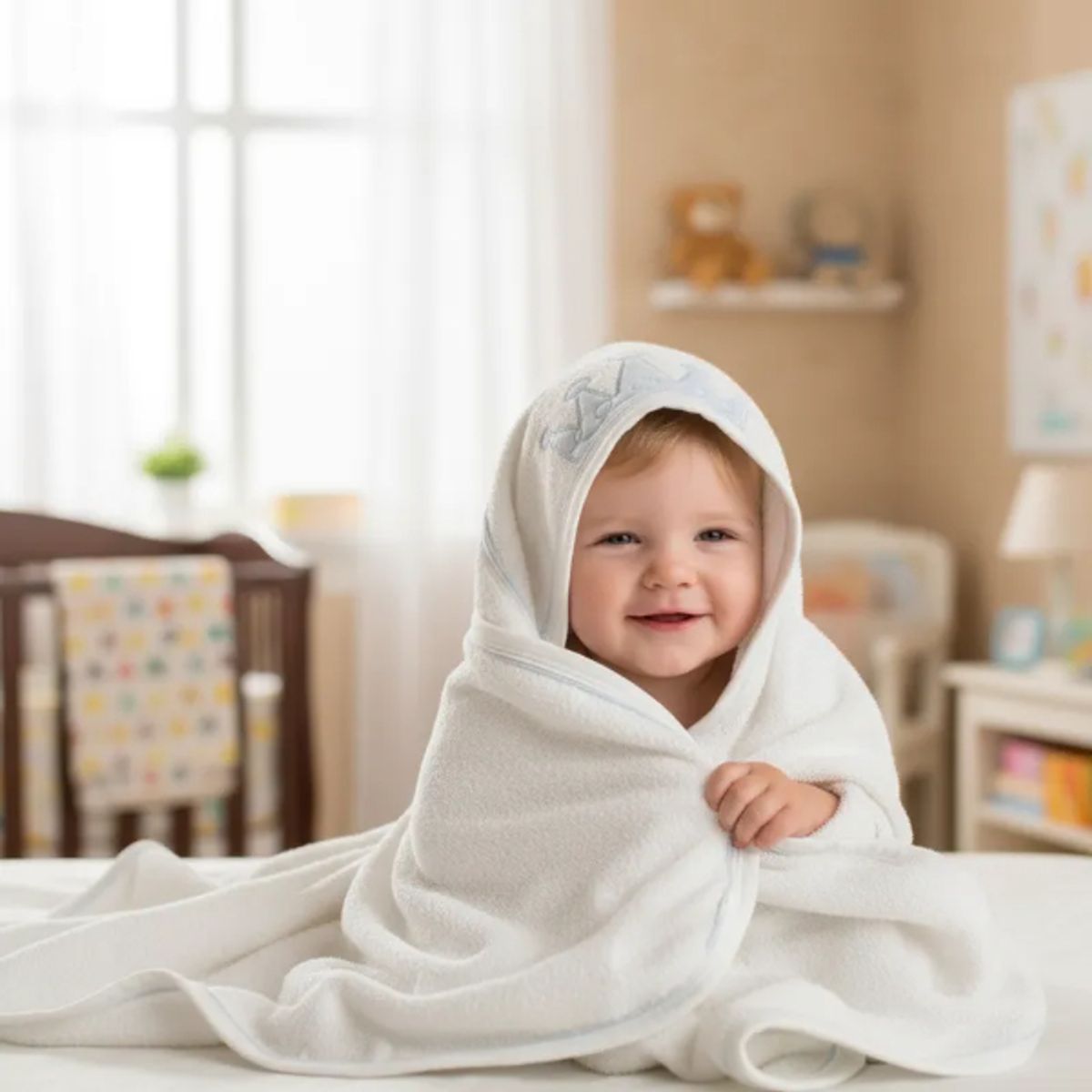 TOALLAS PERU DETALLES Y MAS - Toalla con Capucha Blanco-Celeste -Coronita- Felpa La Bellota