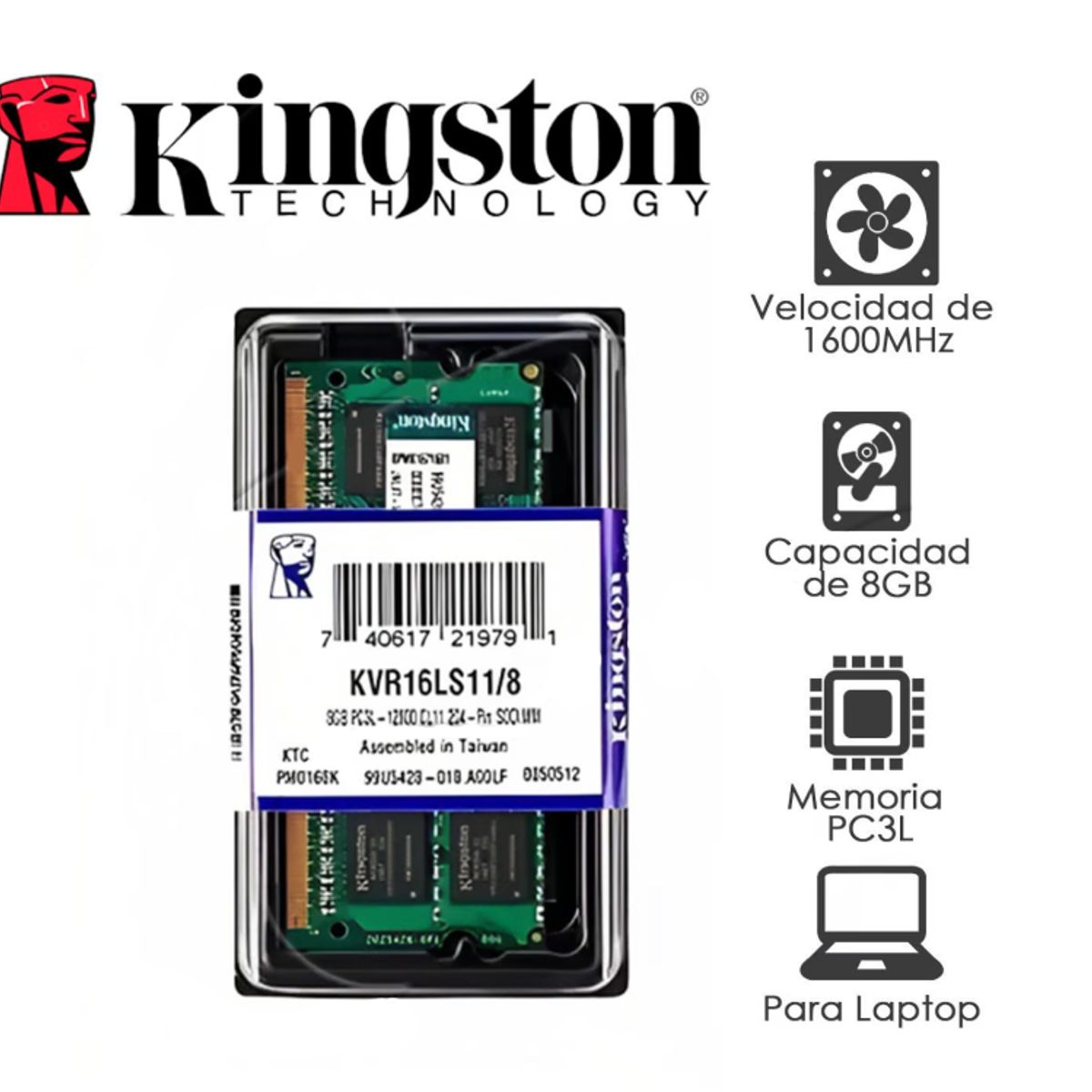 KINGSTON - MEMORIA RAM LAPTOP DDR3 PC3L 1600MHZ 8GB