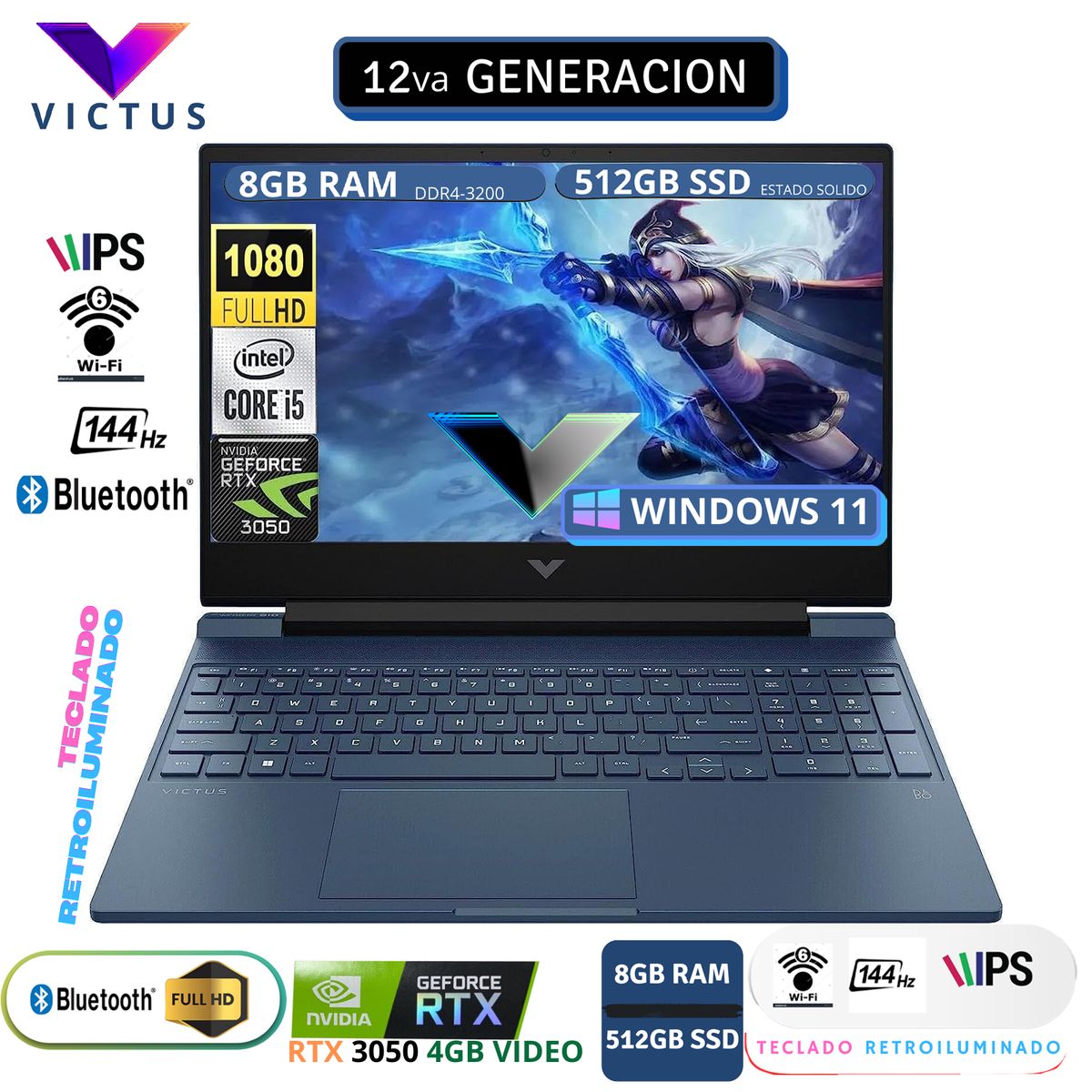 HP - LAPTOP HP VICTUS 15-FA0033DX Intel Core i5-12450H 512GB SSD 8GBRAM 15.6" 144HZ NVIDIA® RTX 3050