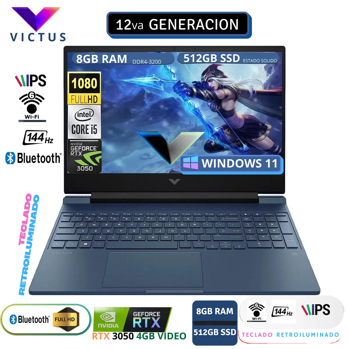 HP - LAPTOP HP VICTUS 15-FA0033DX Intel Core i5-12450H 512GB SSD 8GBRAM 15.6" 144HZ NVIDIA® RTX 3050