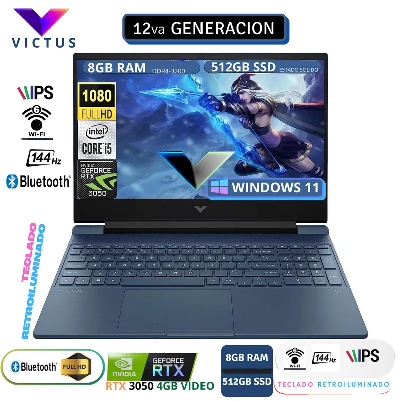 HP - LAPTOP HP VICTUS 15-FA0033DX Intel Core i5-12450H 512GB SSD 8GBRAM 15.6" 144HZ NVIDIA® RTX 3050