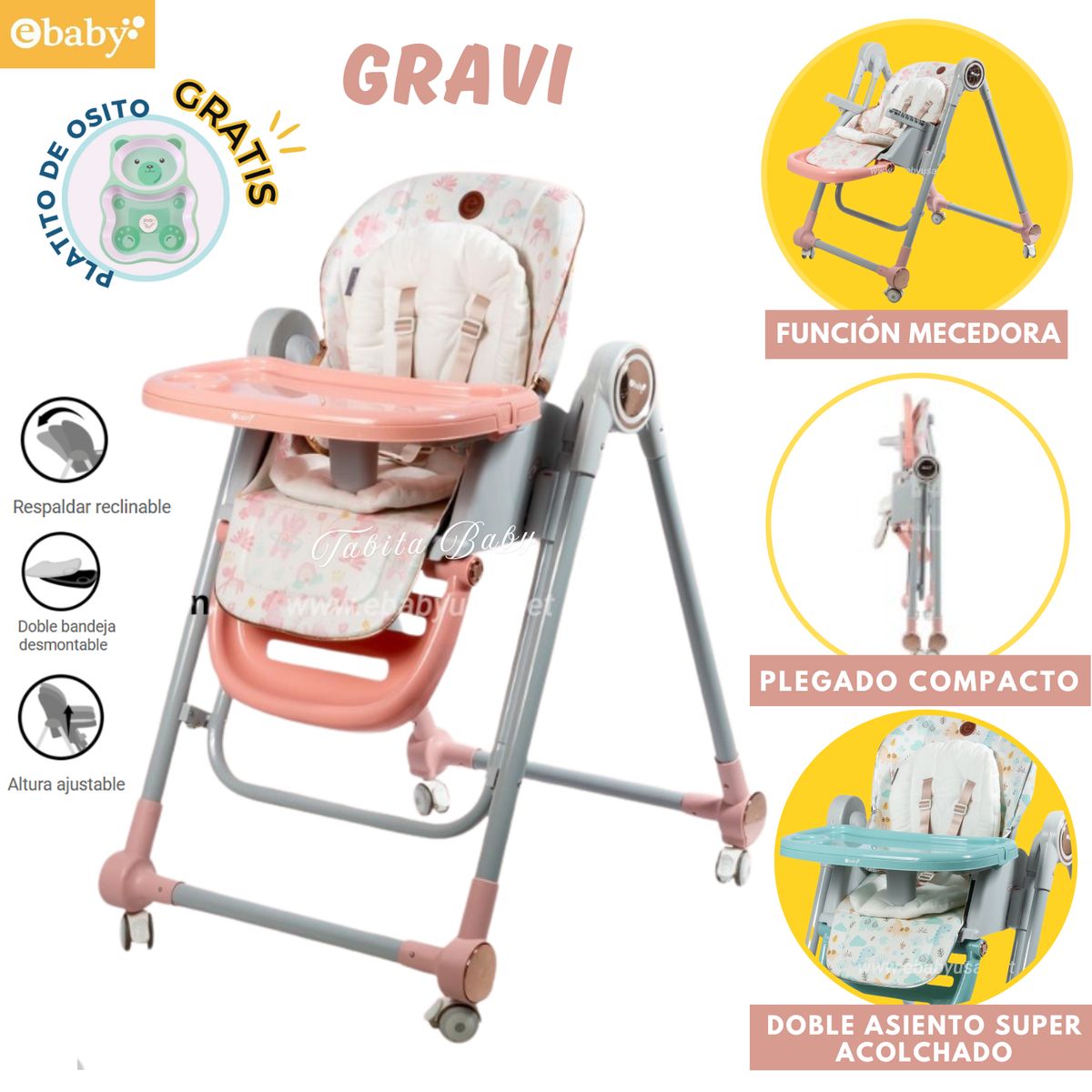 EBABY - Silla de comer Gravi Plegable con mecedora Melon