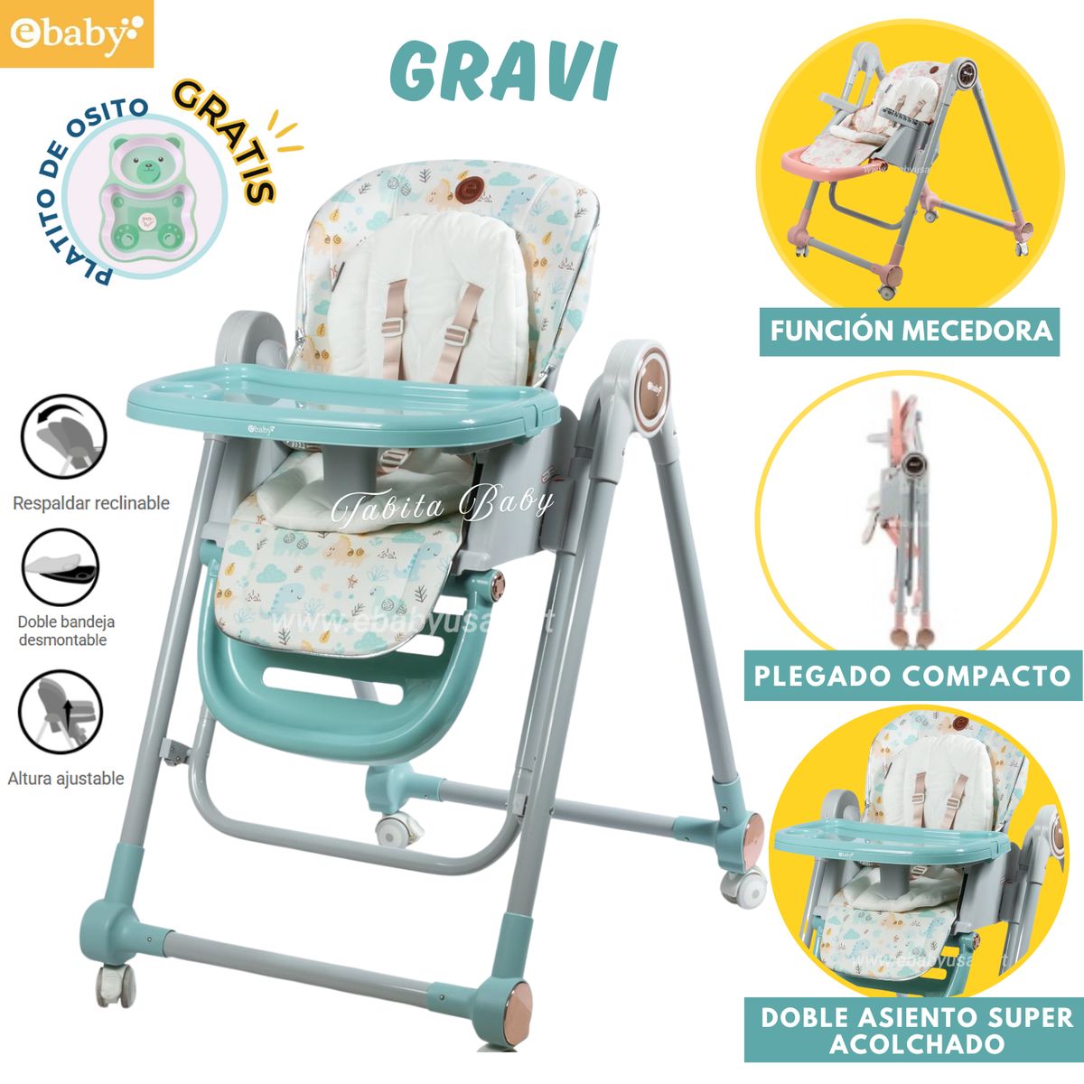 EBABY - Silla de comer Gravi Plegable con mecedora Verde